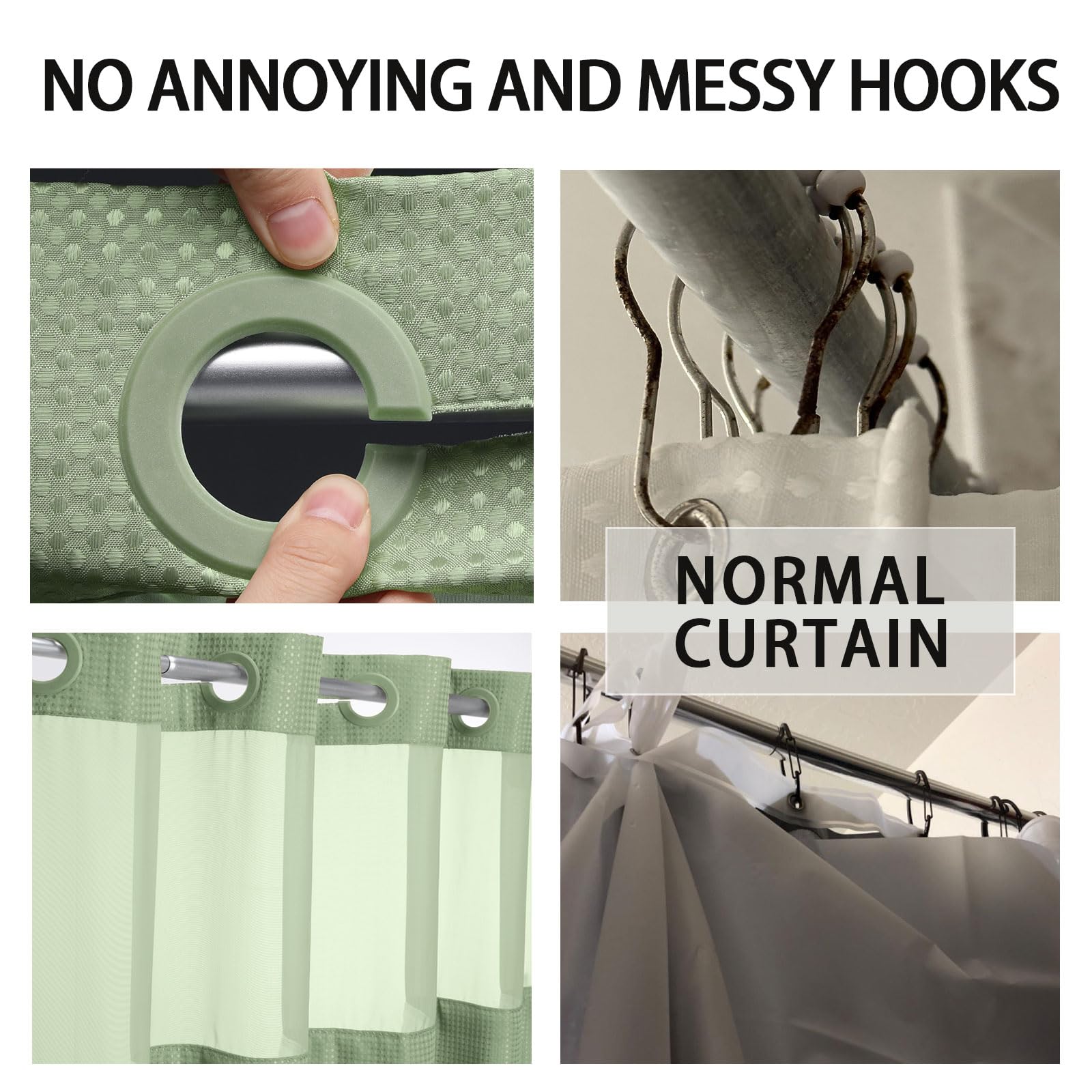 Yellyhommy No Hook Shower Curtain With Snap In Liner Set Sage Green Waffle Shower Curtain For Bathroom 75'' L X 72'' W