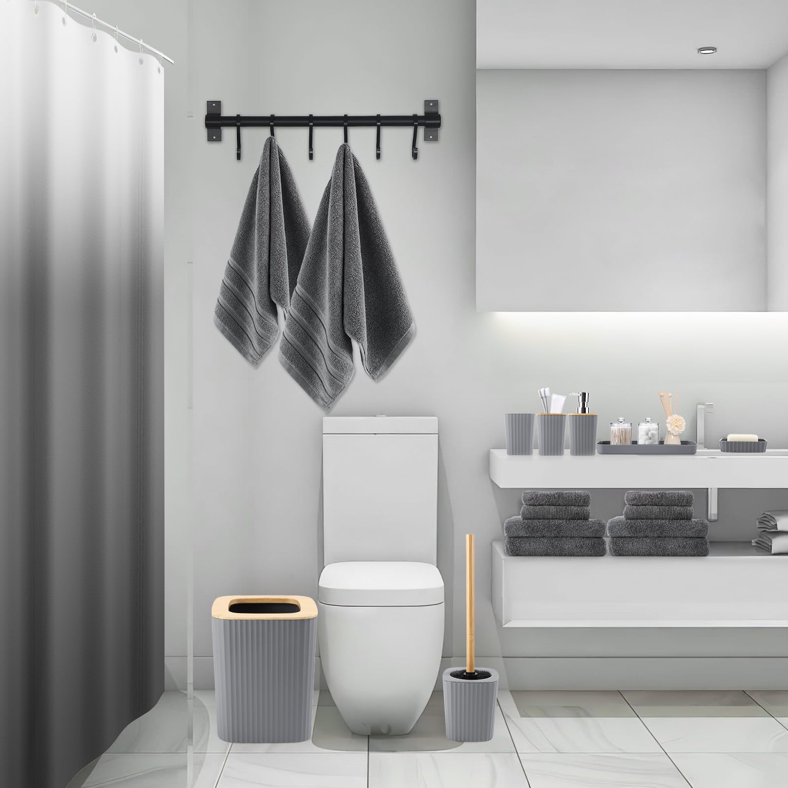 Bathroom Set - Grey Bathroom Accessories Set, 22Pc Bathroom Accessory Set With Shower Curtain, Soap Dispenser, Toilet Brush, Tra