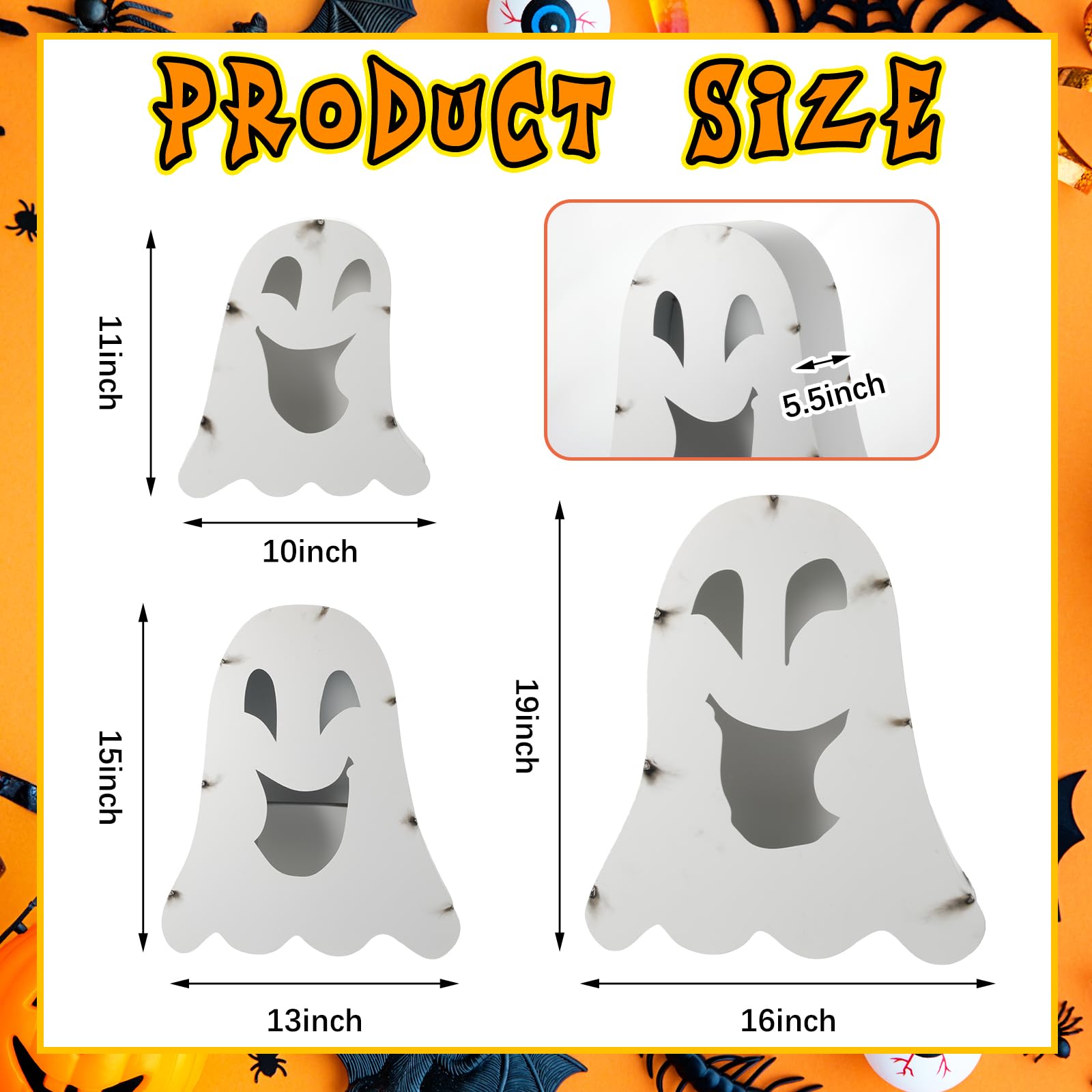 Otoolling 3 Pack Halloween Ghost Metal Lanterns 11-19 Tall 3 Size Large Metal Spooky Ghost Candleholders Centerpiece for Indoor