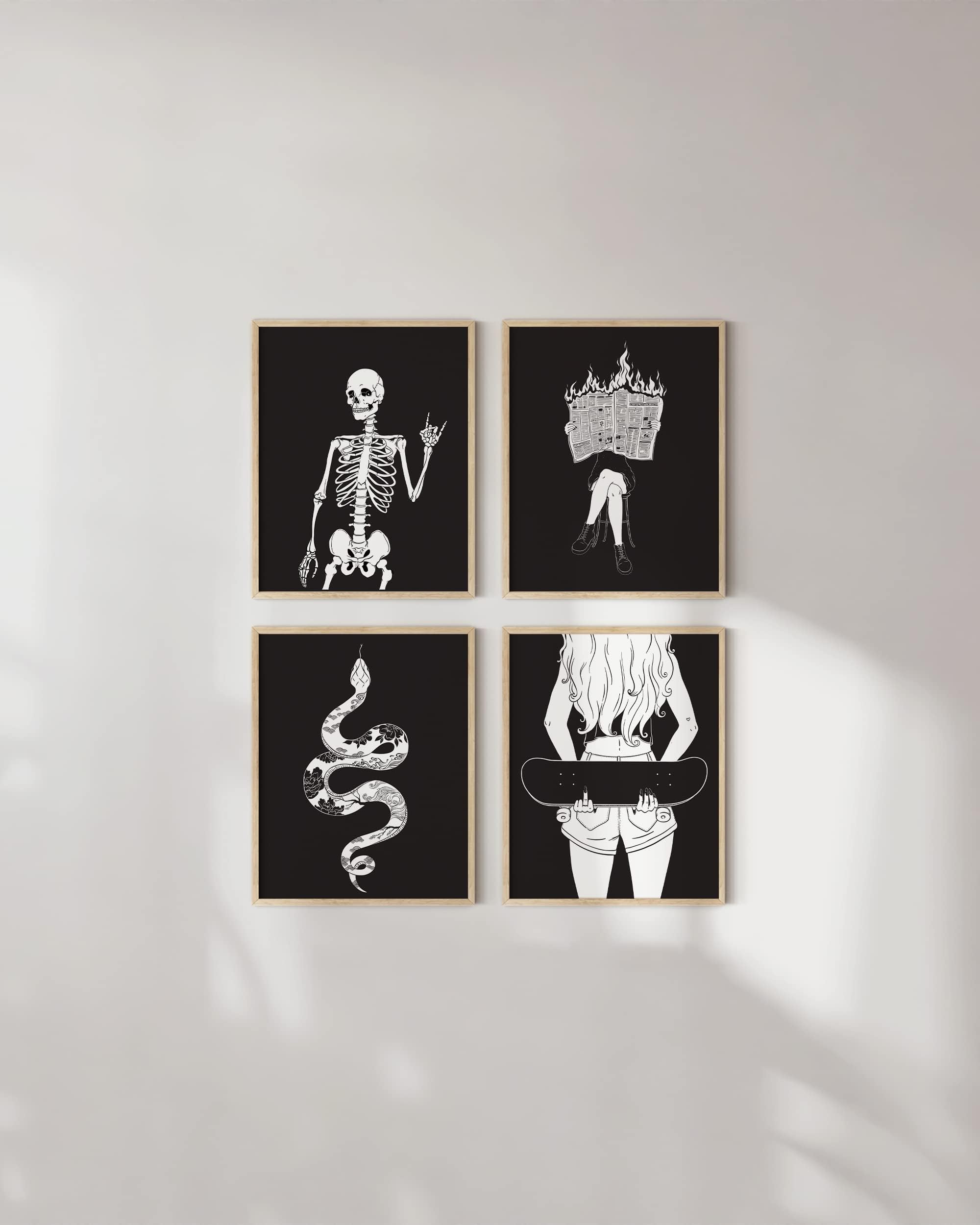 HAUS AND HUES Gothic Wall Art Prints Set of 4 - Halloween Posters for Bedroom or Office  Dark Academia Wall Decor  Witchy Wall Decor  Skeleton Wall Art  Gothic Art and Halloween Prints (8x10 UNFRAMED)