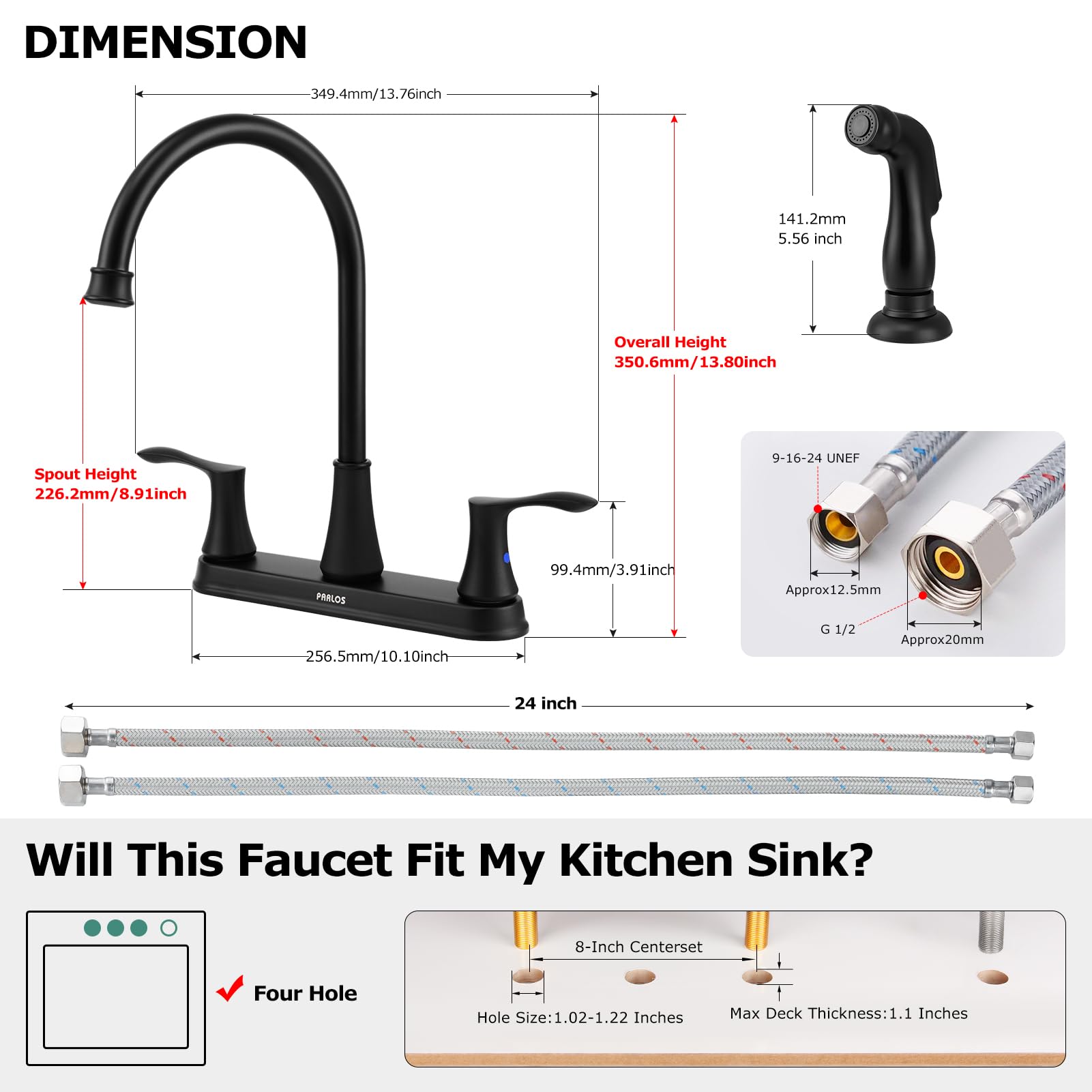 PARLOS 8 Inch Two Handles High Arch Kitchen Sink Faucet with Side Sprayer & Supply Lines  Brushed Nickel  Demeter 14138