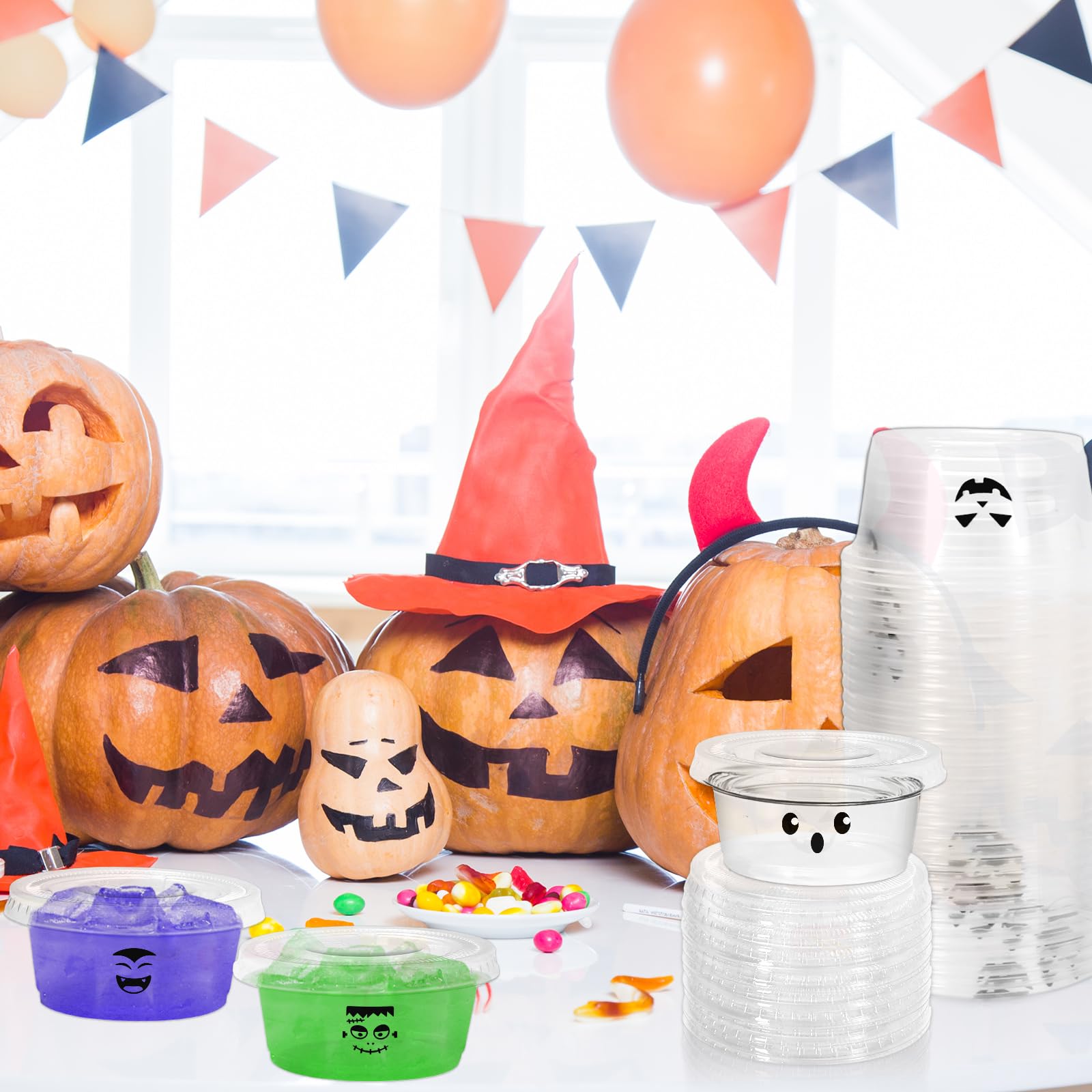 JarThenaAMCS 200Pcs 2 Oz Halloween Jelly Plastic Portion Containers Shot Cups with Lids Pumpkin Ghost Skeleton Monster Mini Sauc