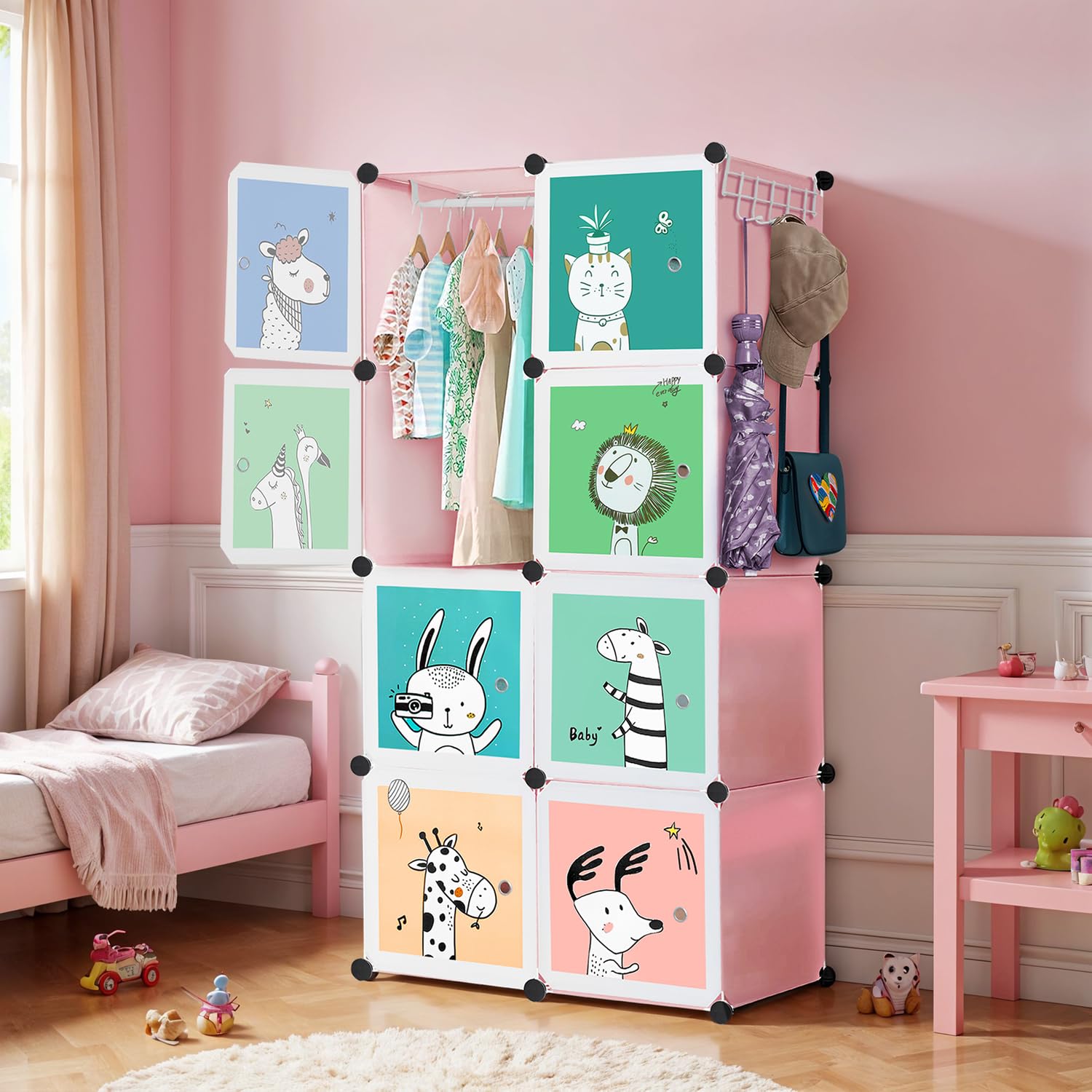 About Space Plastic Kids Wardrobe  Diy 8 Cube Kids Almirah With Cartoon Print Door,Side Hanger,Cloth Hanger,Door Magnet & Hamer