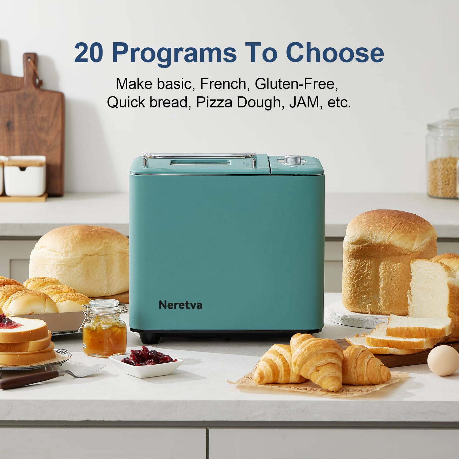 Neretva Bread Maker Machine, 20-In-1 2Lb Automatic Breadmaker With Gluten Free Pizza Sourdough Setting, Digital, Programmable, 1