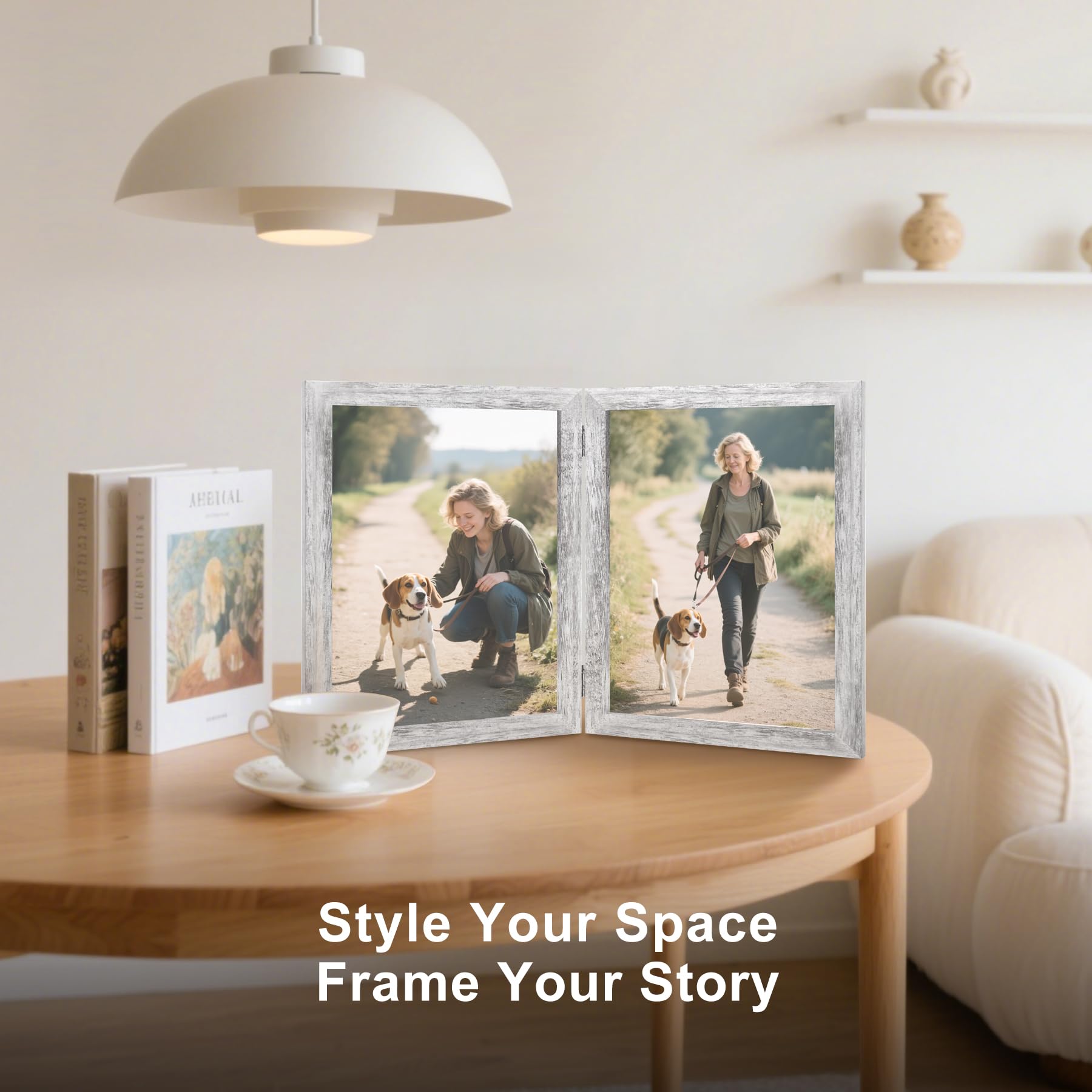 8x10 Double Picture Frame Wooden Hinged Photo Frame Definition Glass Stand Vertically on Desktop or Tabletop Distressed White