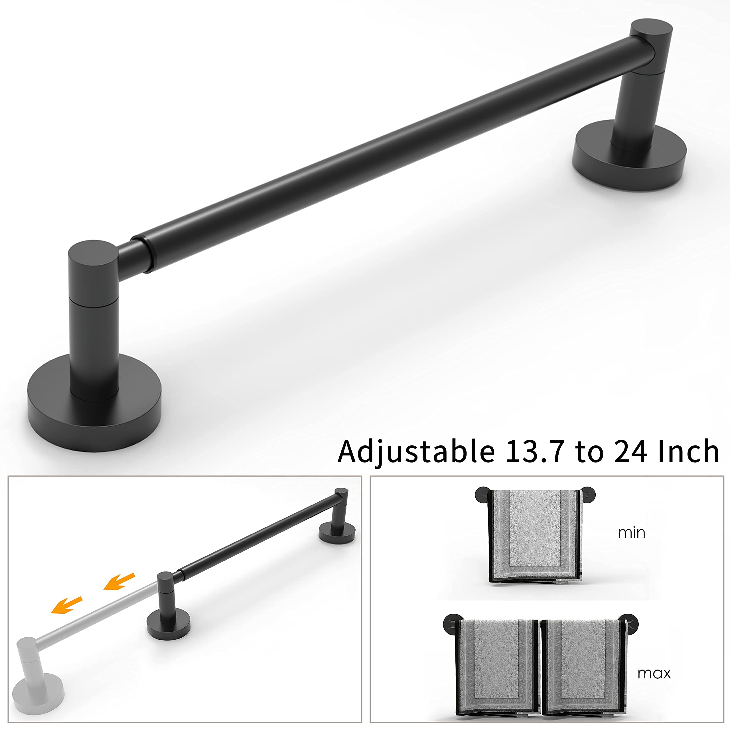 Ruacq Adjustable Towel Bar Black 13.7 To 24 Inch Bathroom Black Single Towel Bar Stainless Steel Modern Wall Mounted Round Towel