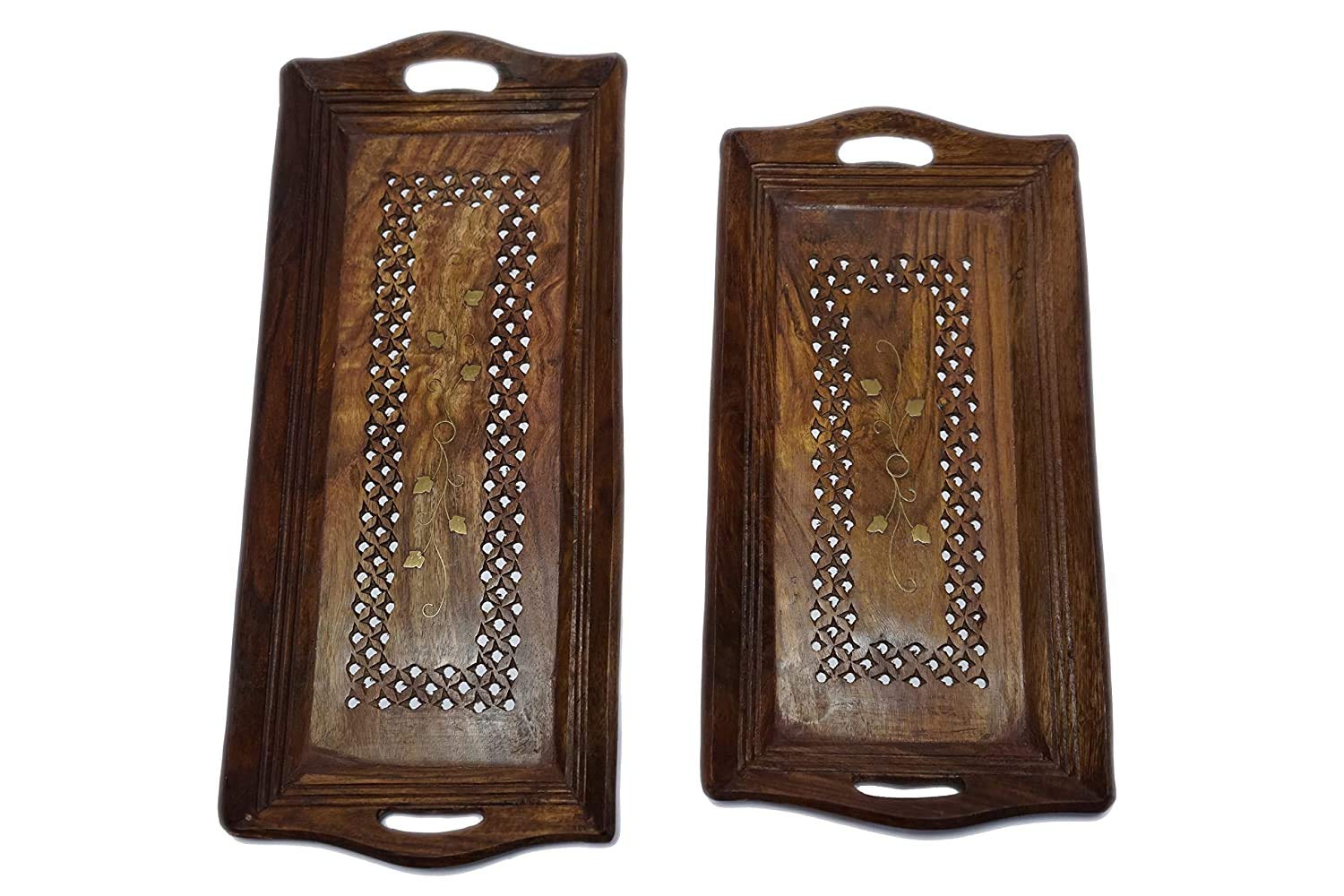 Woodykart Wooden Serving Tray/Table Decor Brown Set Of 2 Trays (Handcarved Coffee, Tea And Snacks Serving Trays)