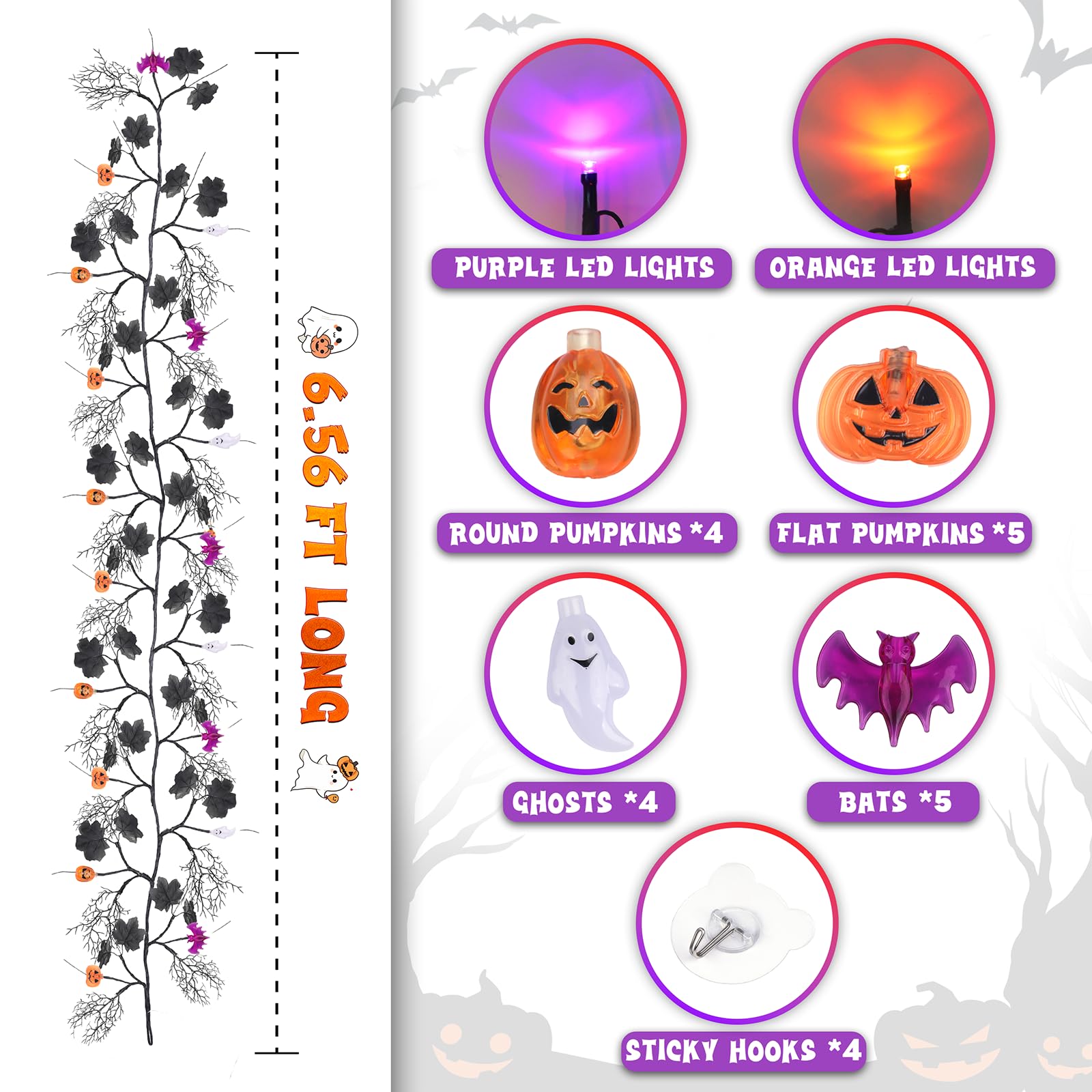 kuaima Halloween Light up Garland with 54 Purple and Orange LED Lights, 6.56 FT Lighted Willow Vine Twig Battery Operated for In