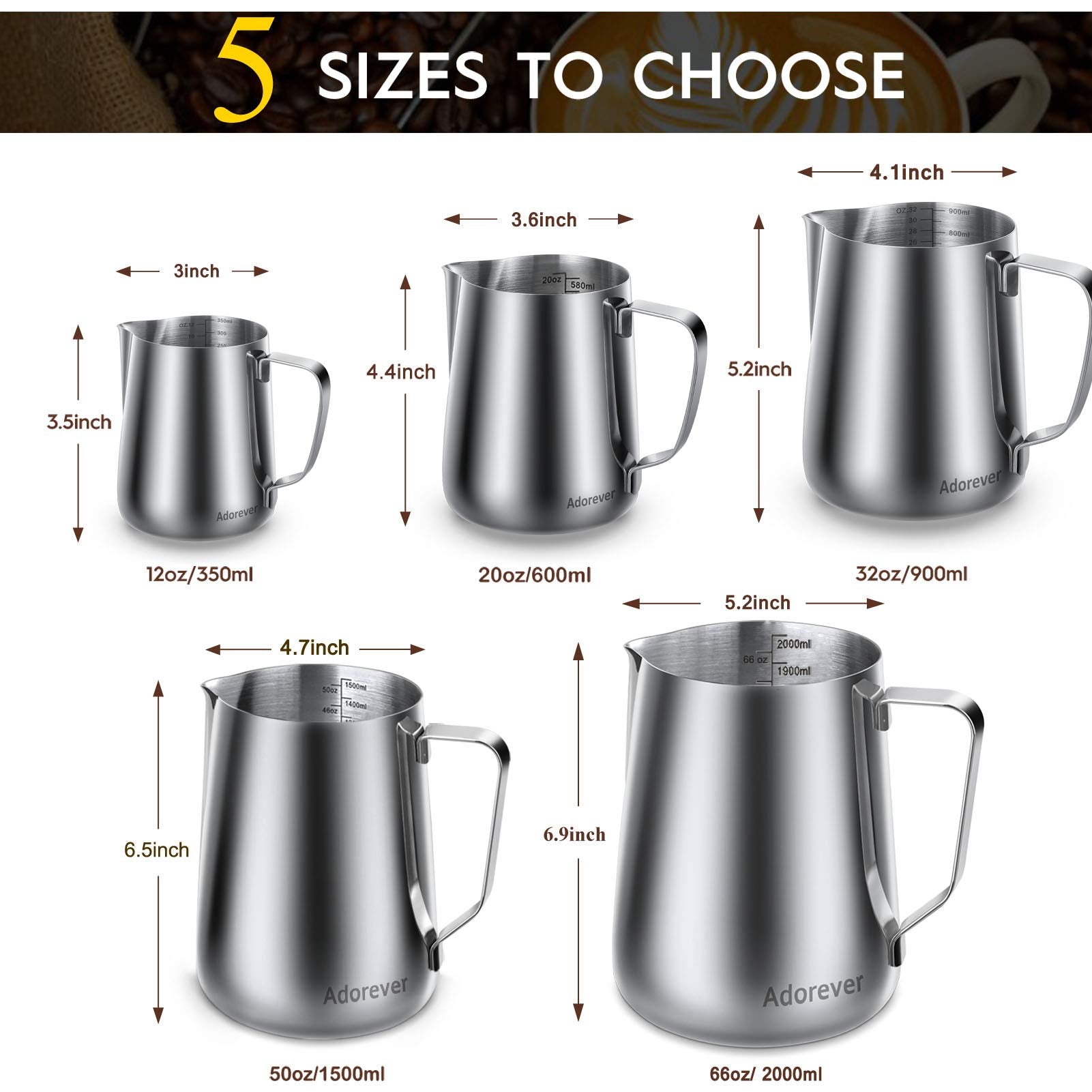 Milk Frothing Pitcher 350Ml/600Ml/900Ml/1500Ml (12Oz/20Oz/32Oz/50Oz) Steaming Pitchers Stainless Steel Milk/Coffee/Cappuccino/La