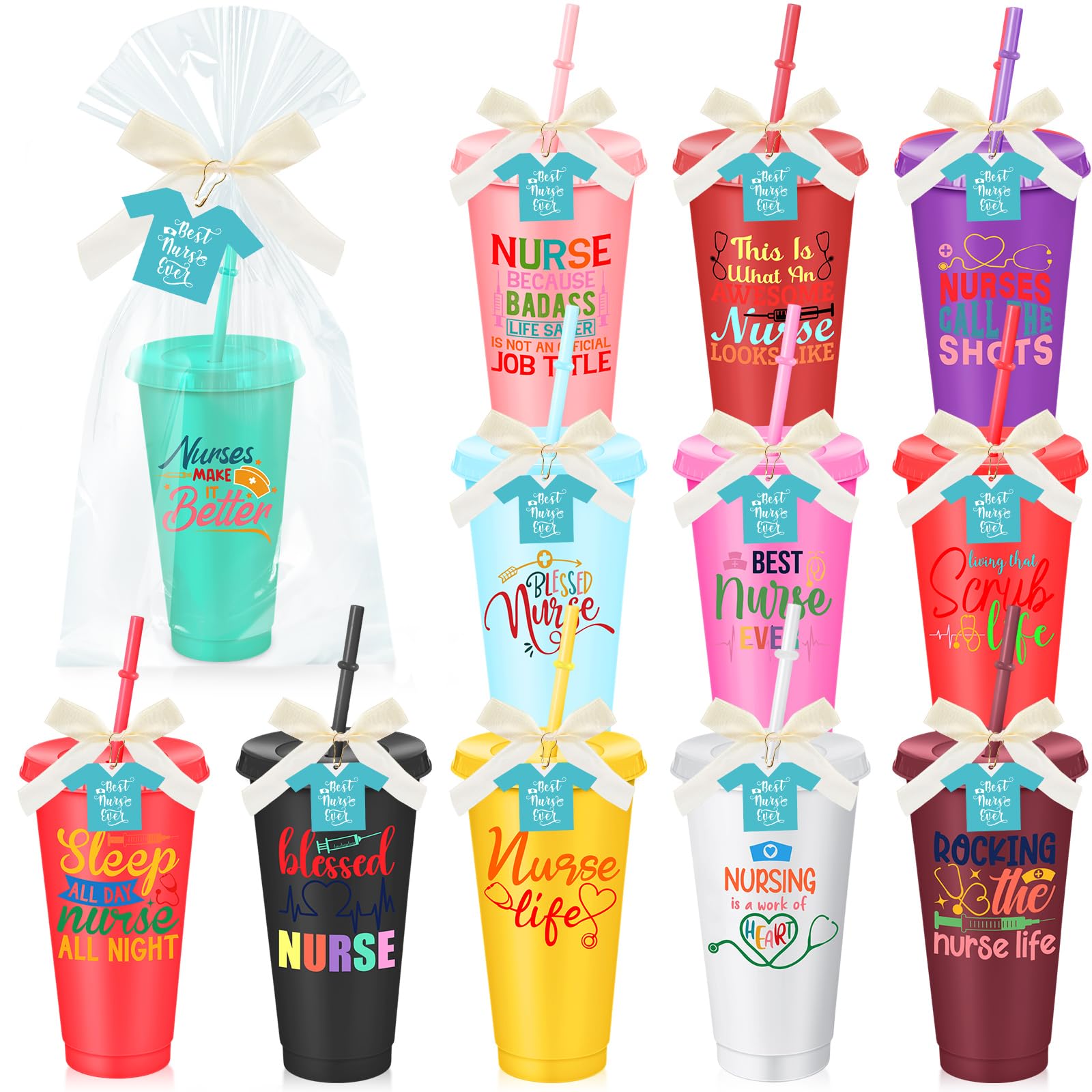 Teenyyou 12 Sets Cna Nurse Thank You Present Bulk Cna Nurses Gifts Cups with Straws and Lids, 24 oz Reusable Plastic Cups, Multi