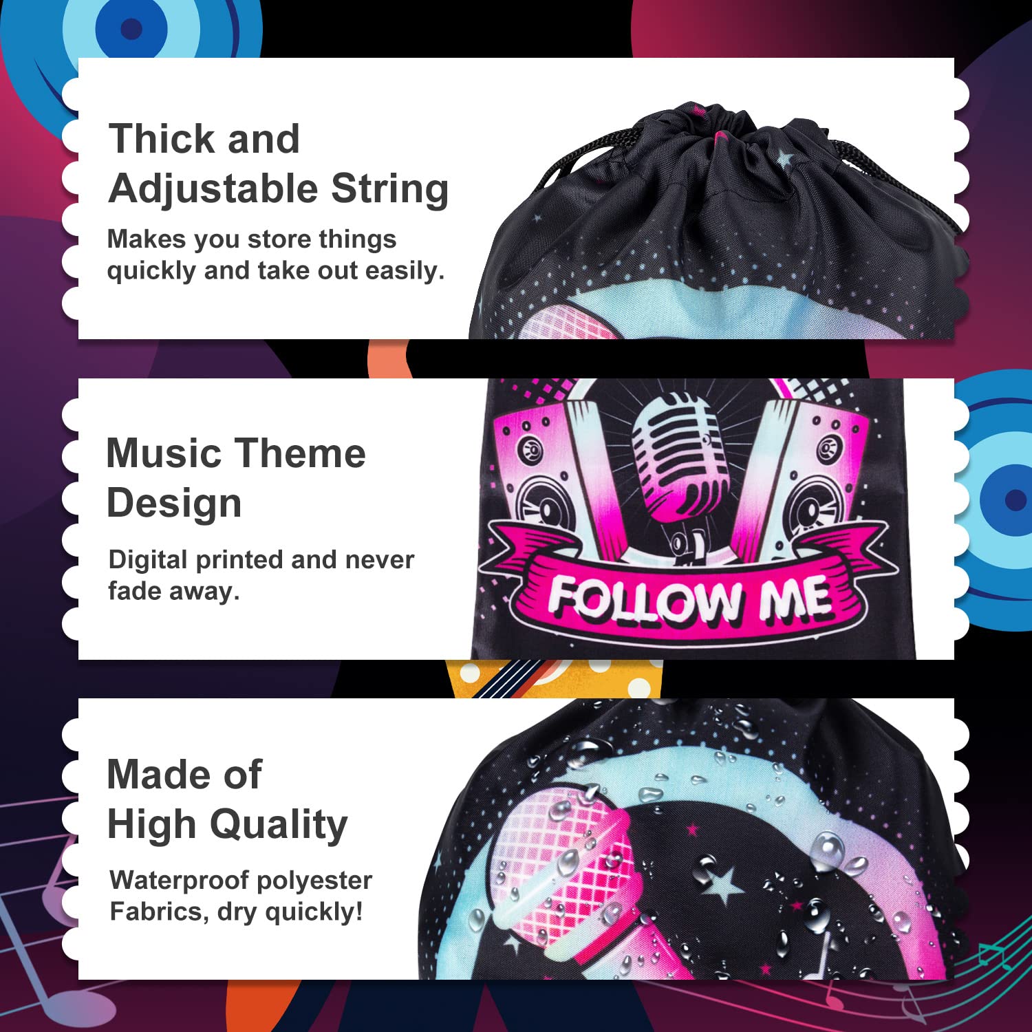 12 Pack Music Party Supplies Favor Drawstring Bags for Kids' Birthday  Boys Girls Music Tiktok Drawstring Backpack Bag as Loot and Goodie bags for Gifts  Treat  Candy  School  Travel or Birthday Party