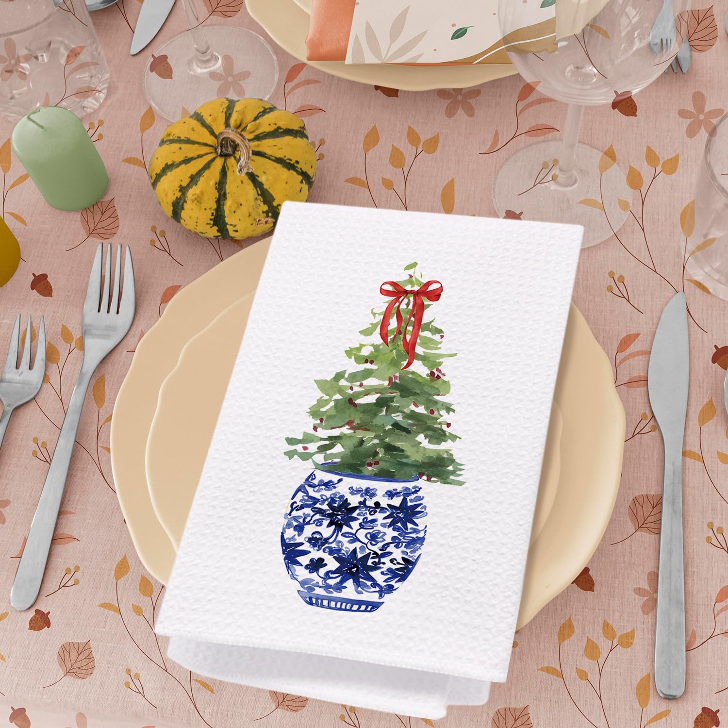 Spbl&L Christmas Kitchen Towels, Blue And White Chinoiserie Christmas Tree Hand Towels For Bathroom, Chinoiserie Decor, Christma