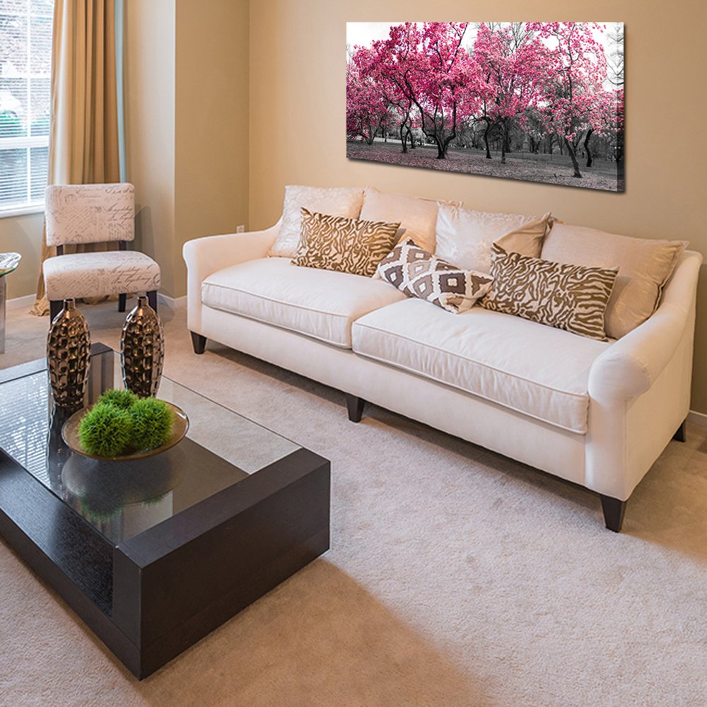 KREATIVE ARTS Large Wall Art Painting Contemporary Pink Tree In Black And White Fall Landscape Picture Modern Giclee Stretched And Framed Artwork for Office Living Room Decoration