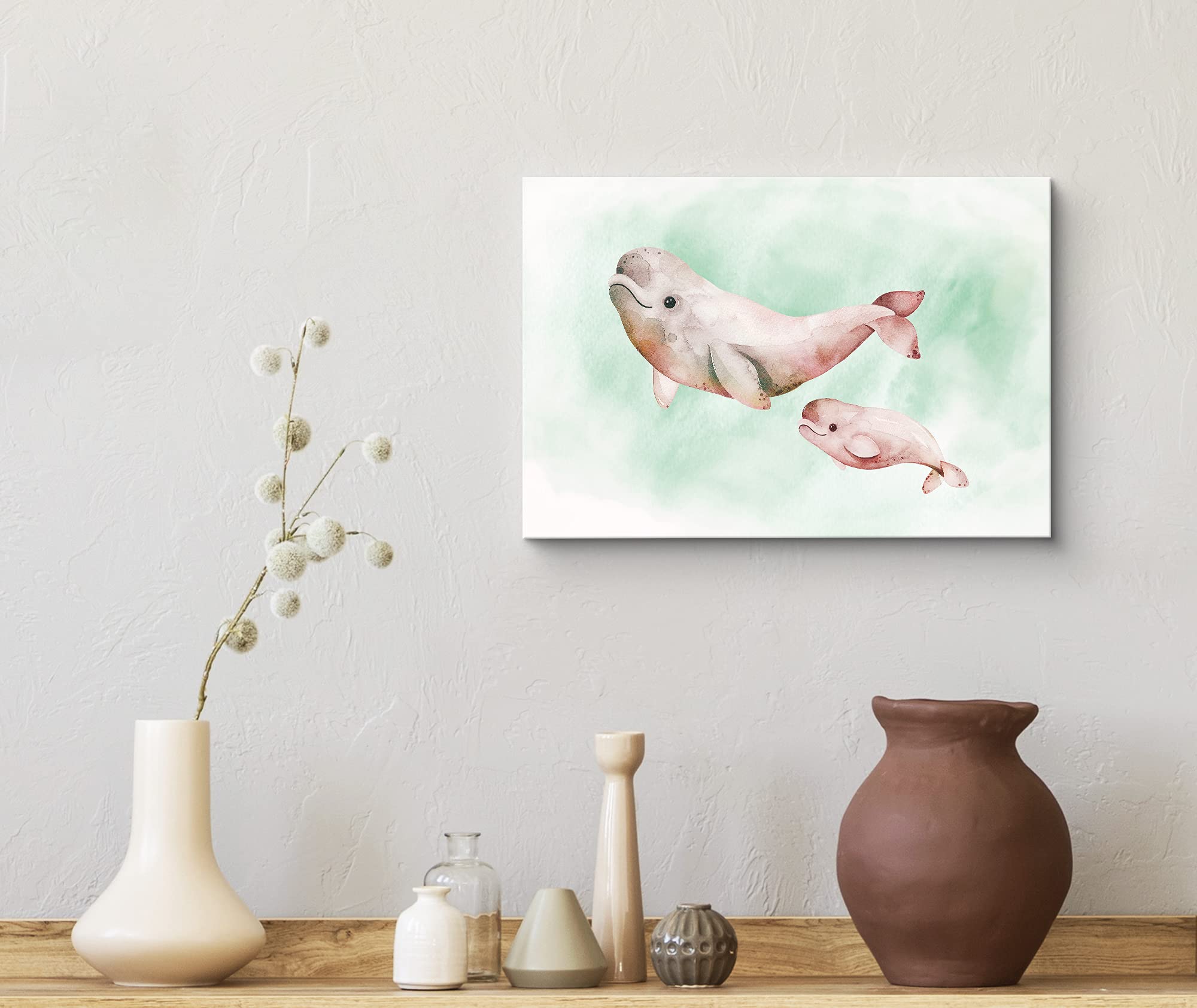 Wall26 Canvas Print Wall Art Watercolor Red, Green & White Beluga Whales Animals Marine Life Illustrations Realism Nautical Scen