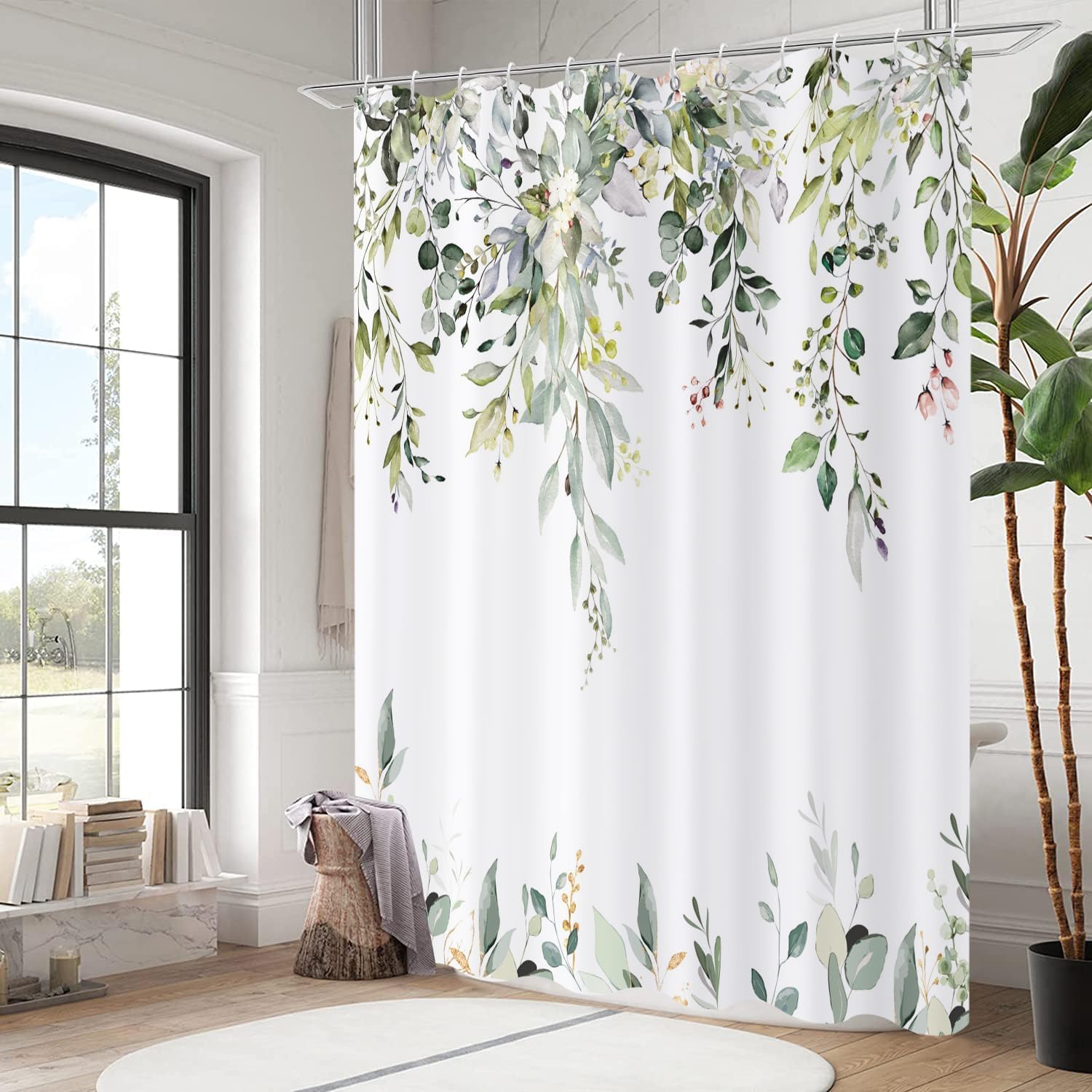 Caheansi Sage Green Eucalyptus Leaves Shower Curtain, Green And Gold Leaves Spring Botanical Plants Bathroom Curtain Waterproof