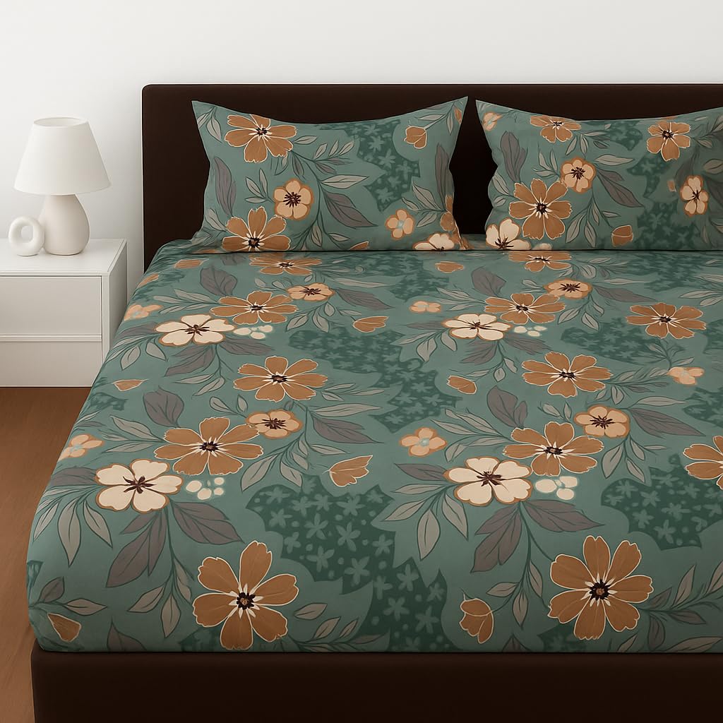 SHOMES Cotton Glace Cotton Elastic Fitted Bedsheet with 2 King Size Pillow Covers | Double Bed with All Around Elastic, Fits Upt