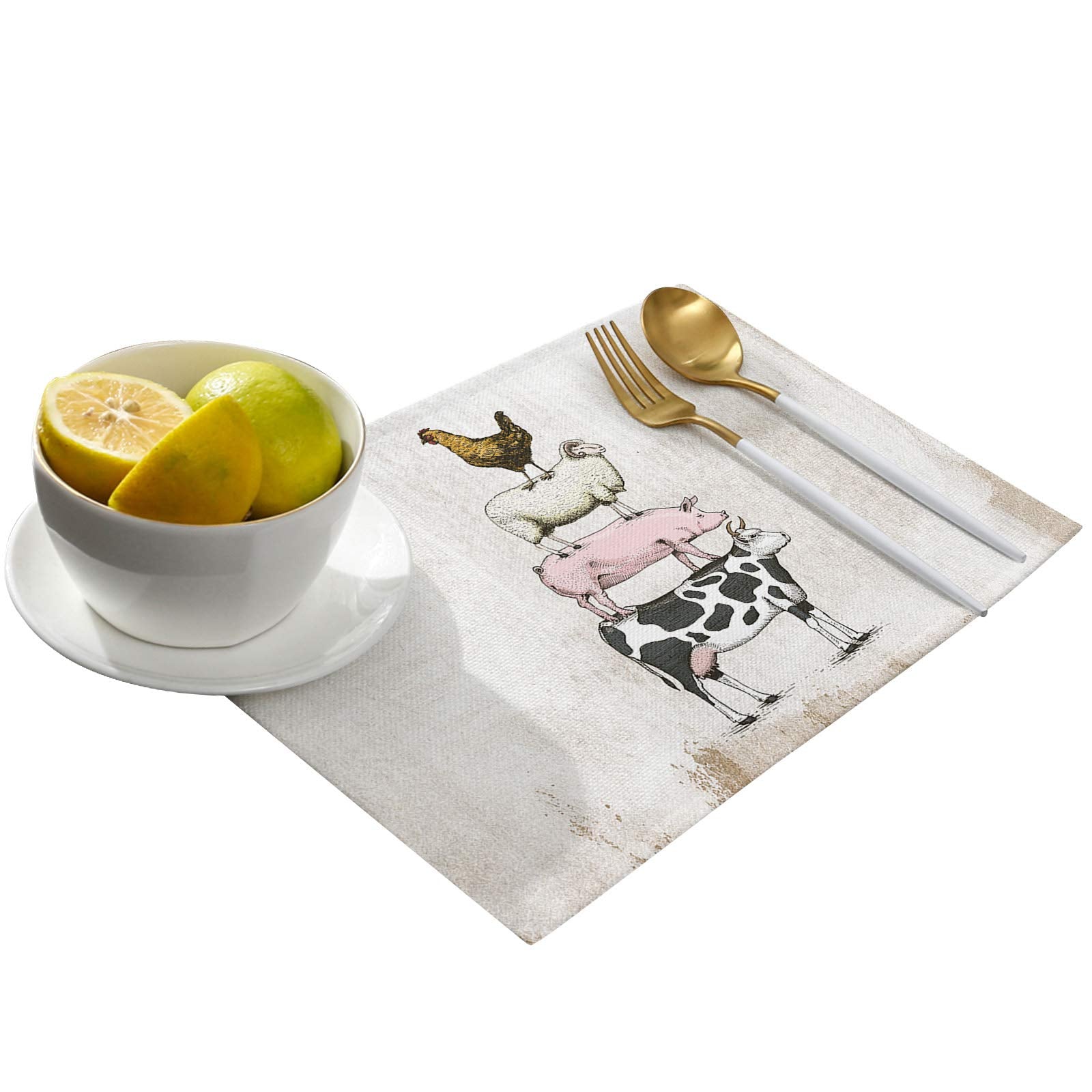 Greeeen Placemats Set Of 6 Farm Funny Animal Theme Milk Cow Pig Sheep Chicken Heat Resistant Place Mat For Dining Table Washable