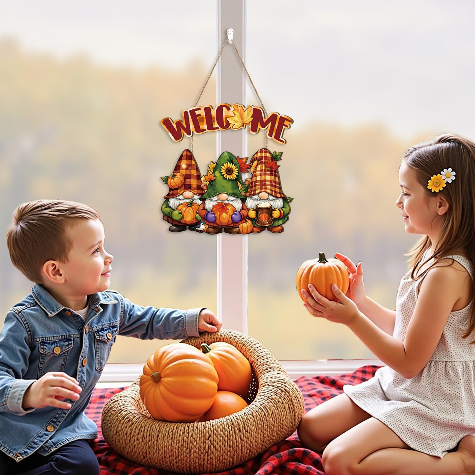Aurlan Fall Welcome Door Sign,Hello Autumn Gnome Wooden Sign,Rustic Pumpkin Wood Wall Sign,Fall Gnome Wall Decor,Autumn Maple Le