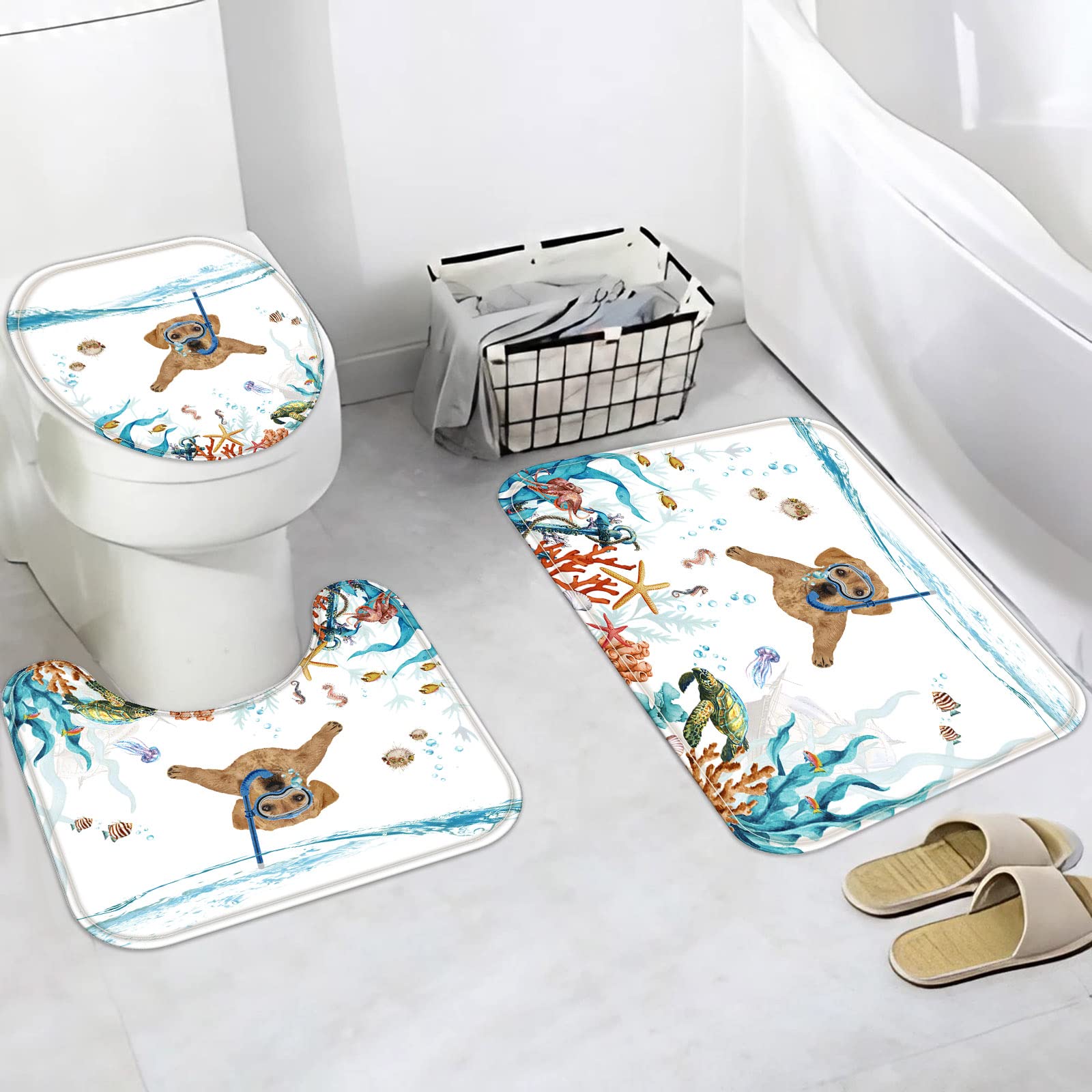 Fungarth 4 Pcs Funny Dog Shower Curtain Set With Rug Teal Blue Sea Ocean Bathroom Sets With Waterproof Fabric Shower Curtain And