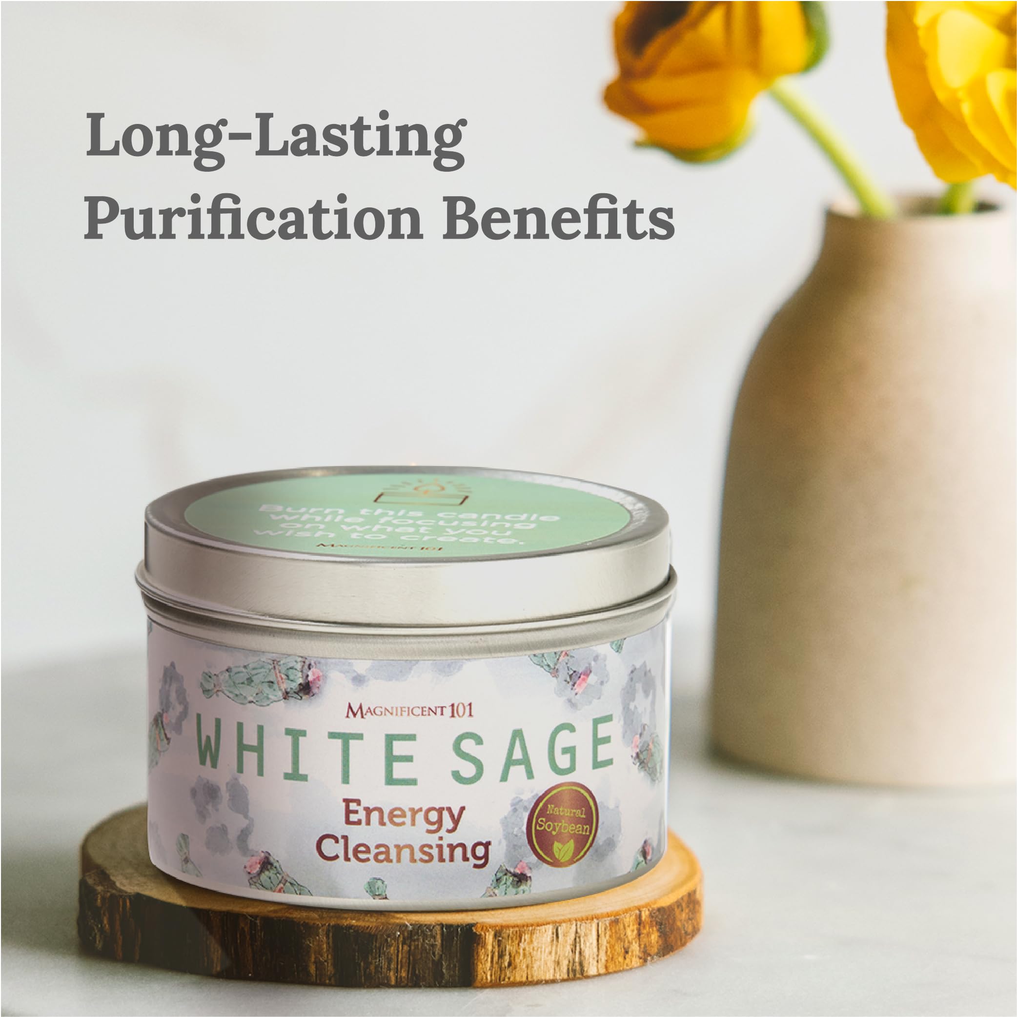 Magnificent 101 Long Lasting White Sage Scented Smudge Candle | 6 Oz - 35 Hour Burn | All Natural & Organic Soy Wax Candle for H
