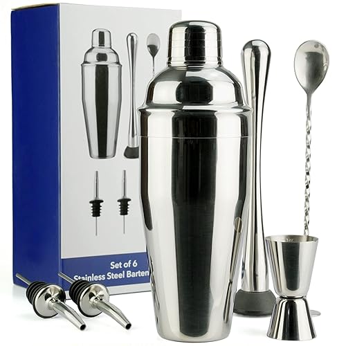 Arora Barware Set - 6pc - Stainless Steel - Professional Bar Tools for Drink Mixing  Home  Bar  Party  Silver  24oz (851111)