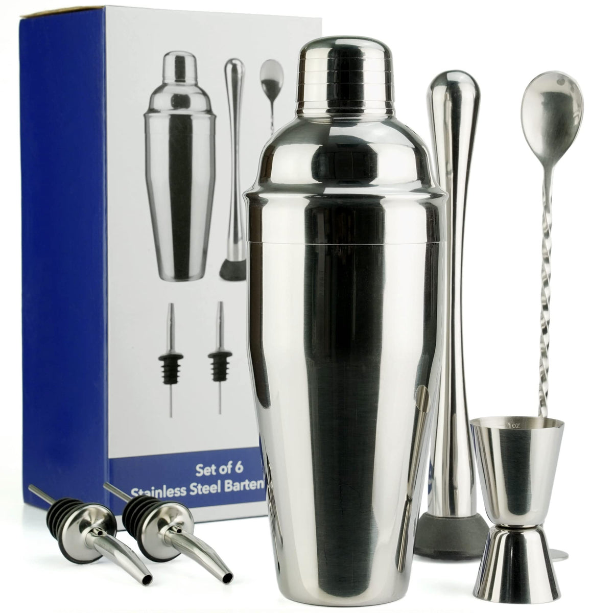Arora Barware Set - 6Pc - Stainless Steel - Professional Bar Tools For Drink Mixing, Home, Bar, Party, Silver, 24Oz (851111)