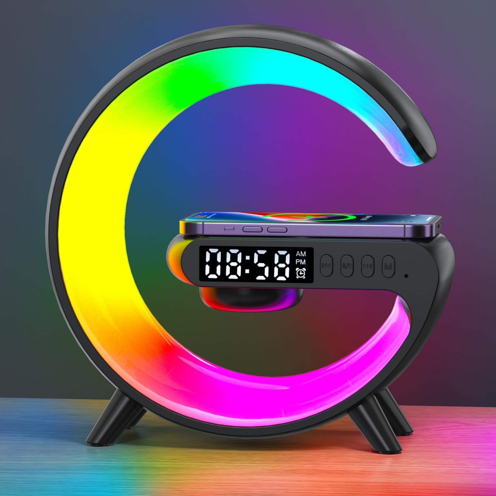 LeeNabao 2025 New Wireless Speaker Charger,Atmosphere Bedside Light with Wireless Charging Station,Music Lit Lamp 4 in 1 Alarm C