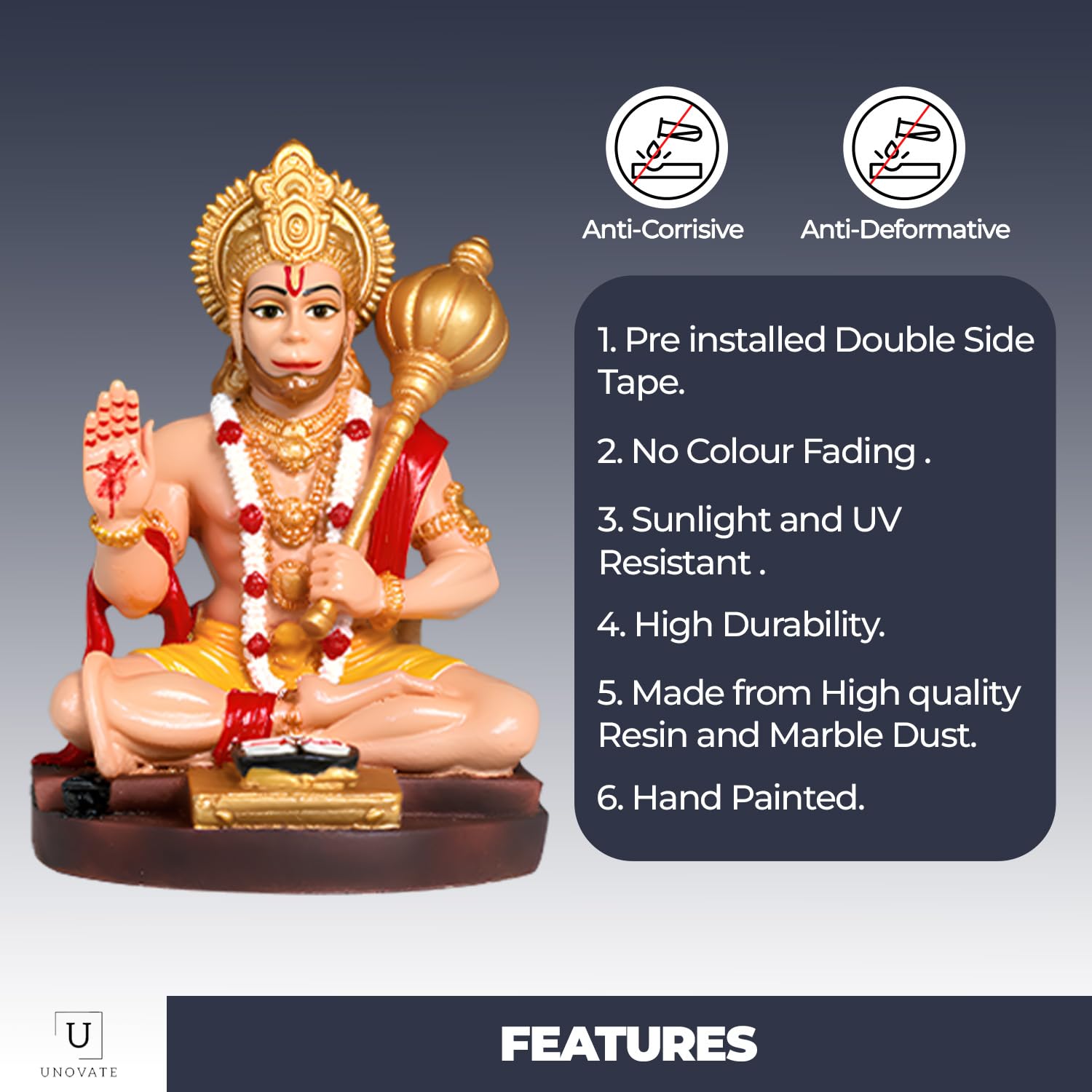 Unovate Lord Hanuman Idol For Car Dashboard, Home, Office Desk  Hanuman Murti For For Pooja, Temple Showpiece, Decoration, Festi