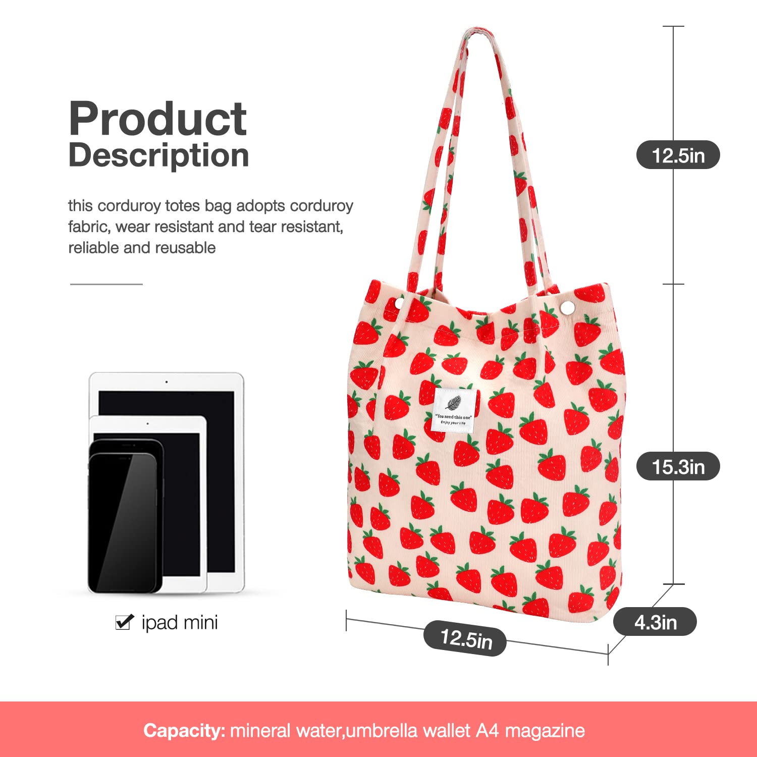Lhmtqvk Corduroy Tote Bags For Women, Large Capacity Corduroy Bag Reusable Grocery Shoulder Bag With Inner Pockets(Strawberry)