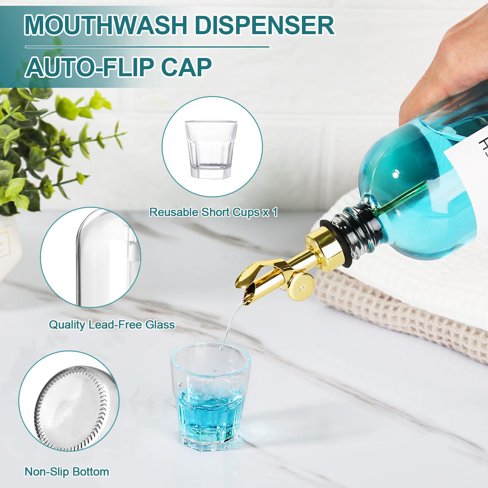 Toldatli Mouth Wash Dispenser For Bathroom, Glass Mouthwash Dispenser Container, Mouth Wash Container Bottle With Cup, Refillabl