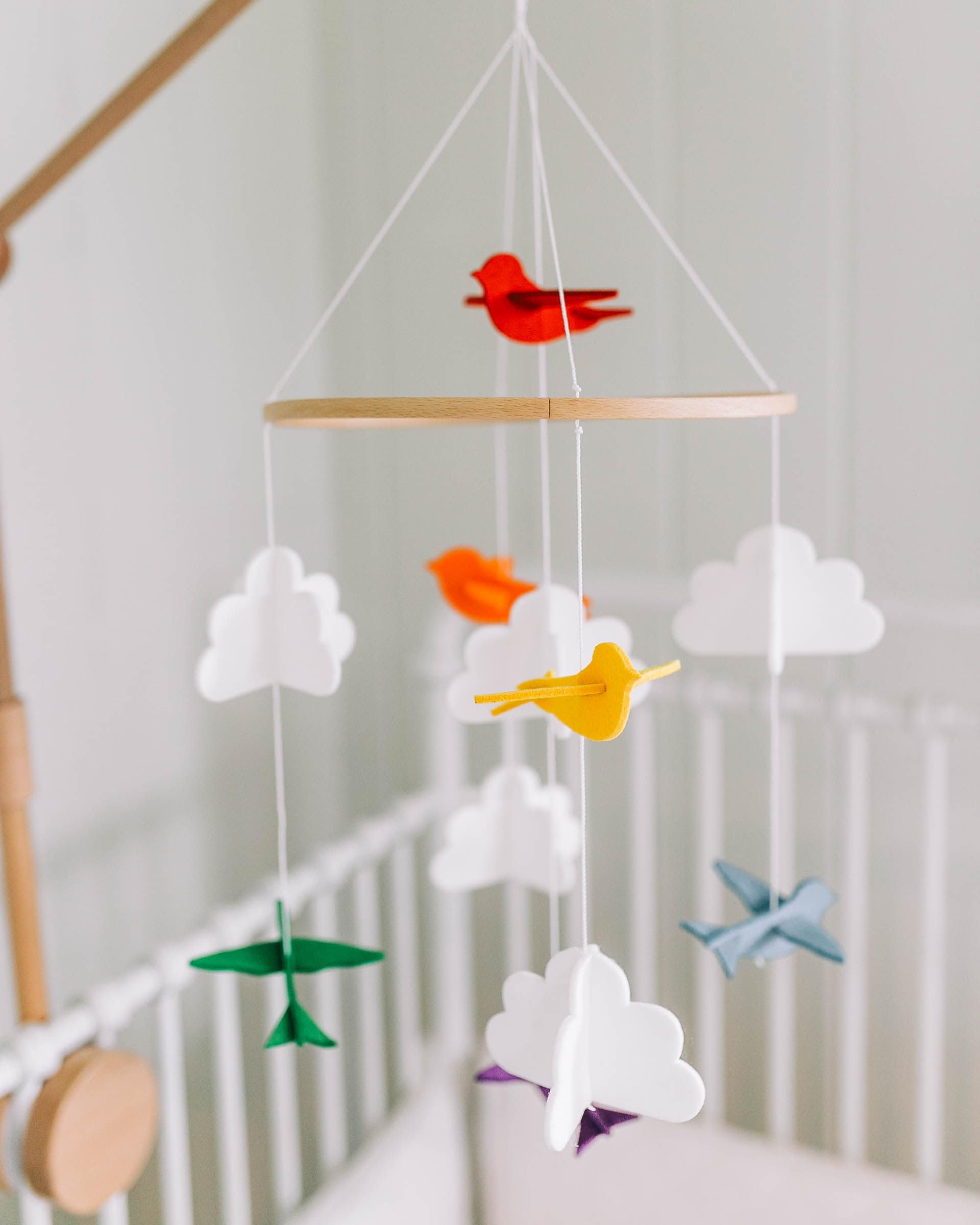 Baby Crib Mobile (Rainbow Birds in The Clouds, w/Garland) - Felt Nursery Ceiling Decoration and Baby Shower Gift for Girls & Boy