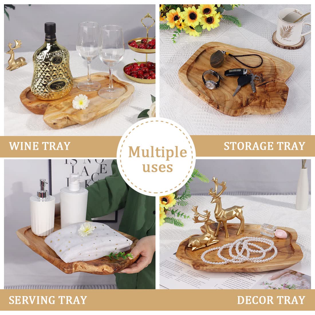 Deziwood Wooden Tray For Decor, Small Wood Serving Tray, Rustic Wood Decorative Tray, Farmhouse Candle Holder Decorative Tray Fo