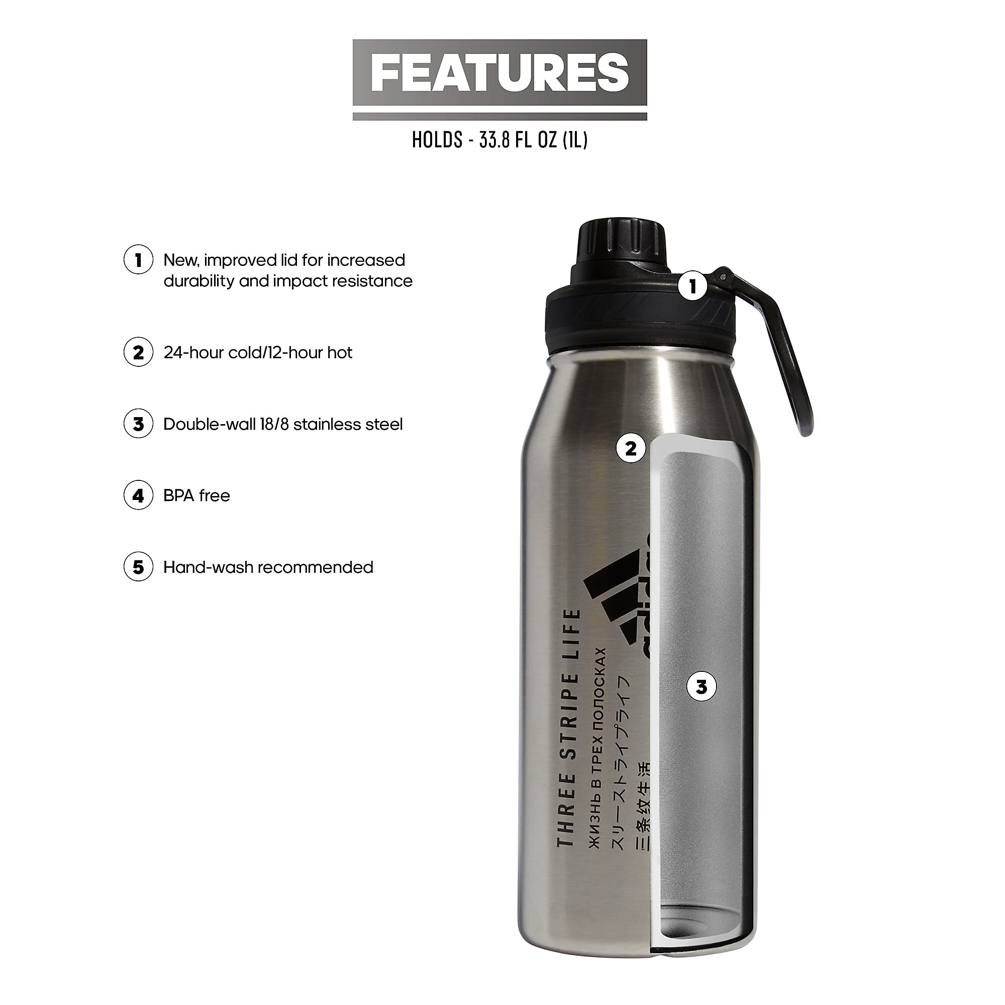 adidas Unisex 1 Liter (32 oz) Metal Water Bottle  Stainless Steel/Black  One Size