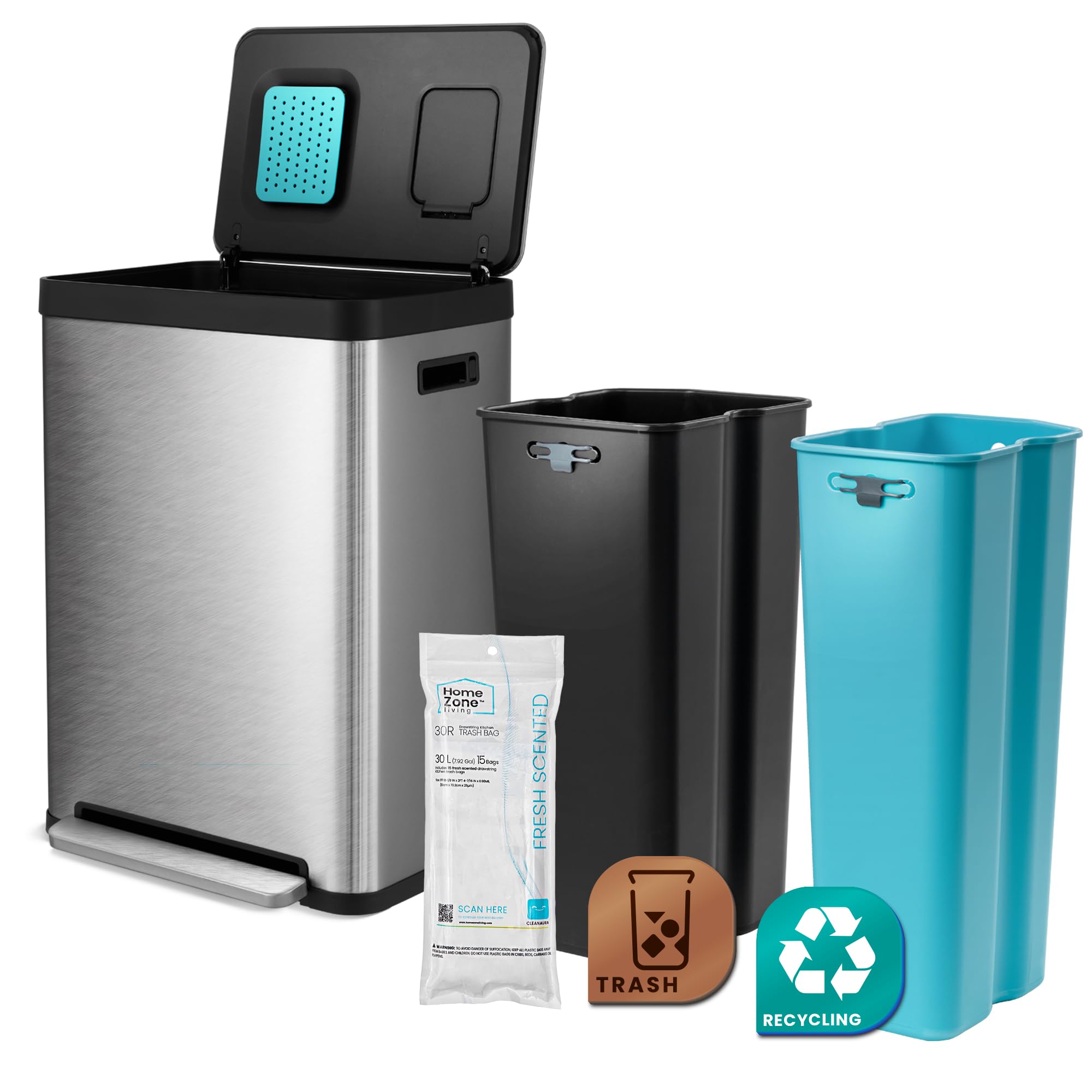 Home Zone Living 19 Gallon Kitchen Trash Can with Dual Compartments for Recycling, CleanAura Odor Control, Stainless Steel, Silv