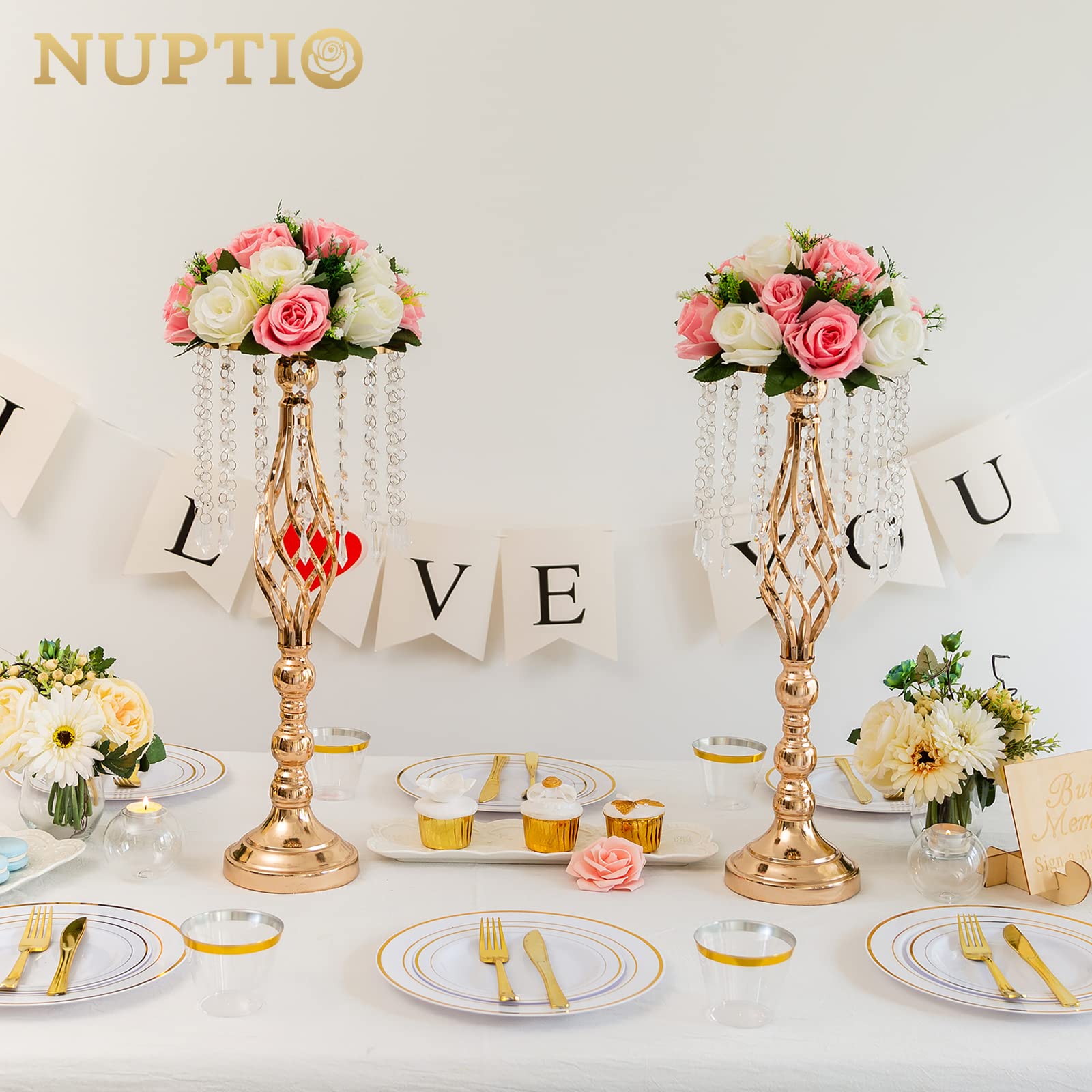 Nuptio 10 Pcs Crystal Flower Stand Wedding Centerpieces for Tables, 21.7in/55cm Tall Elegant Metal Flower Arrangement Stand, Tab