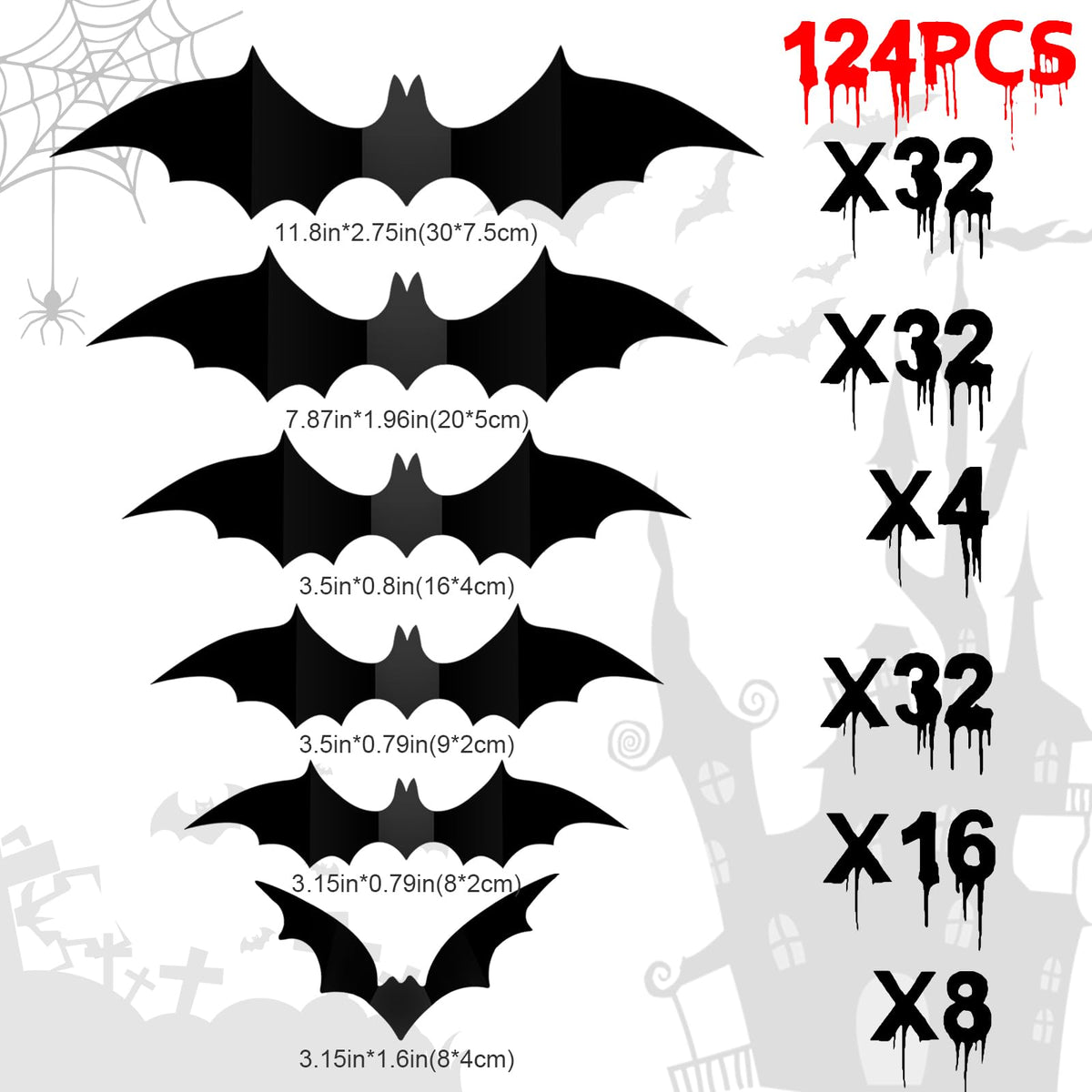 Big Size Bat Wall Decor Stickers, 124Pcs Indoor Large Bats Halloween D ...