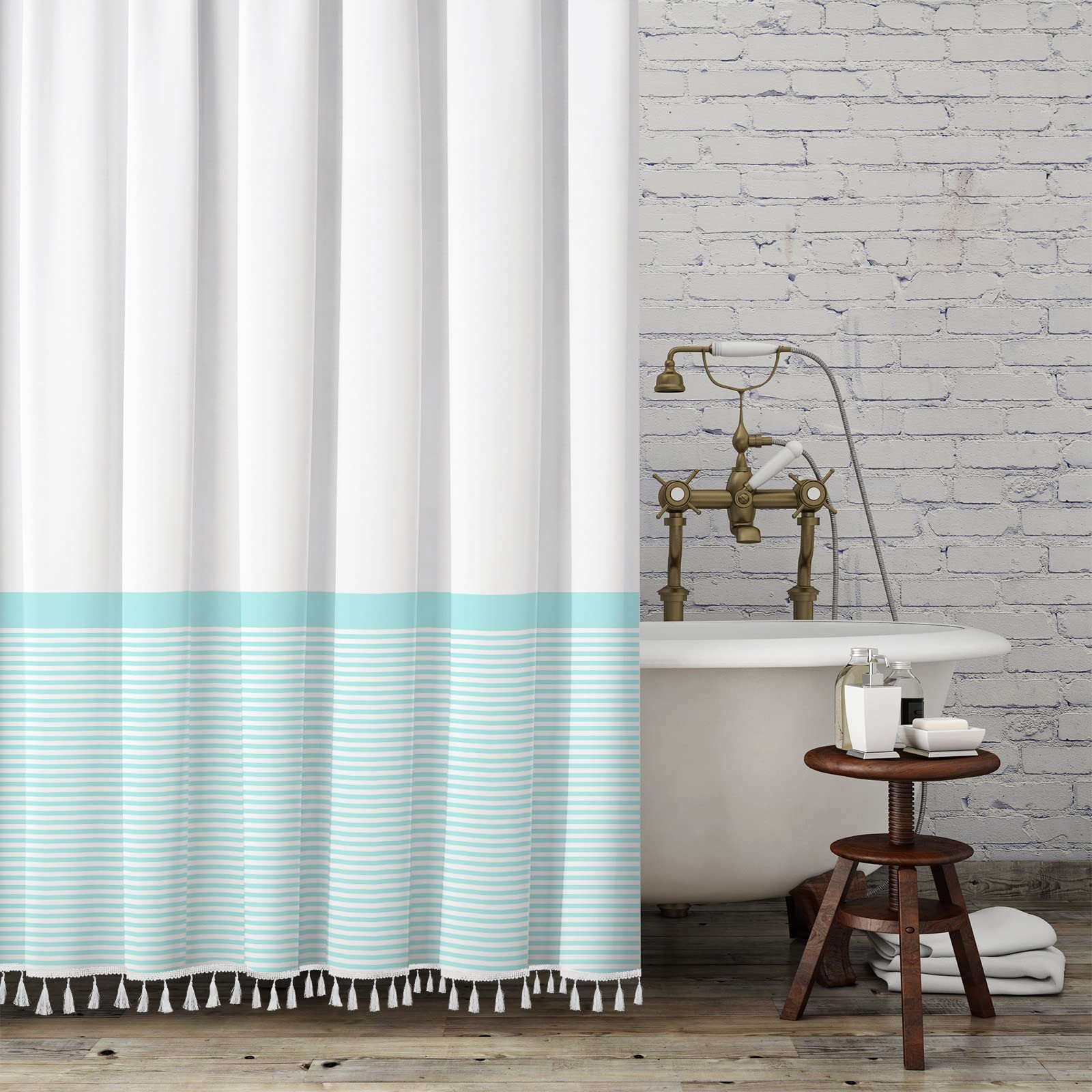 White Shower Curtain Aqua Striped With Tassels Summer Ocean Beach Theme Ombre Bathroom Shower Curtain Set With Rings Sea Mint Gr