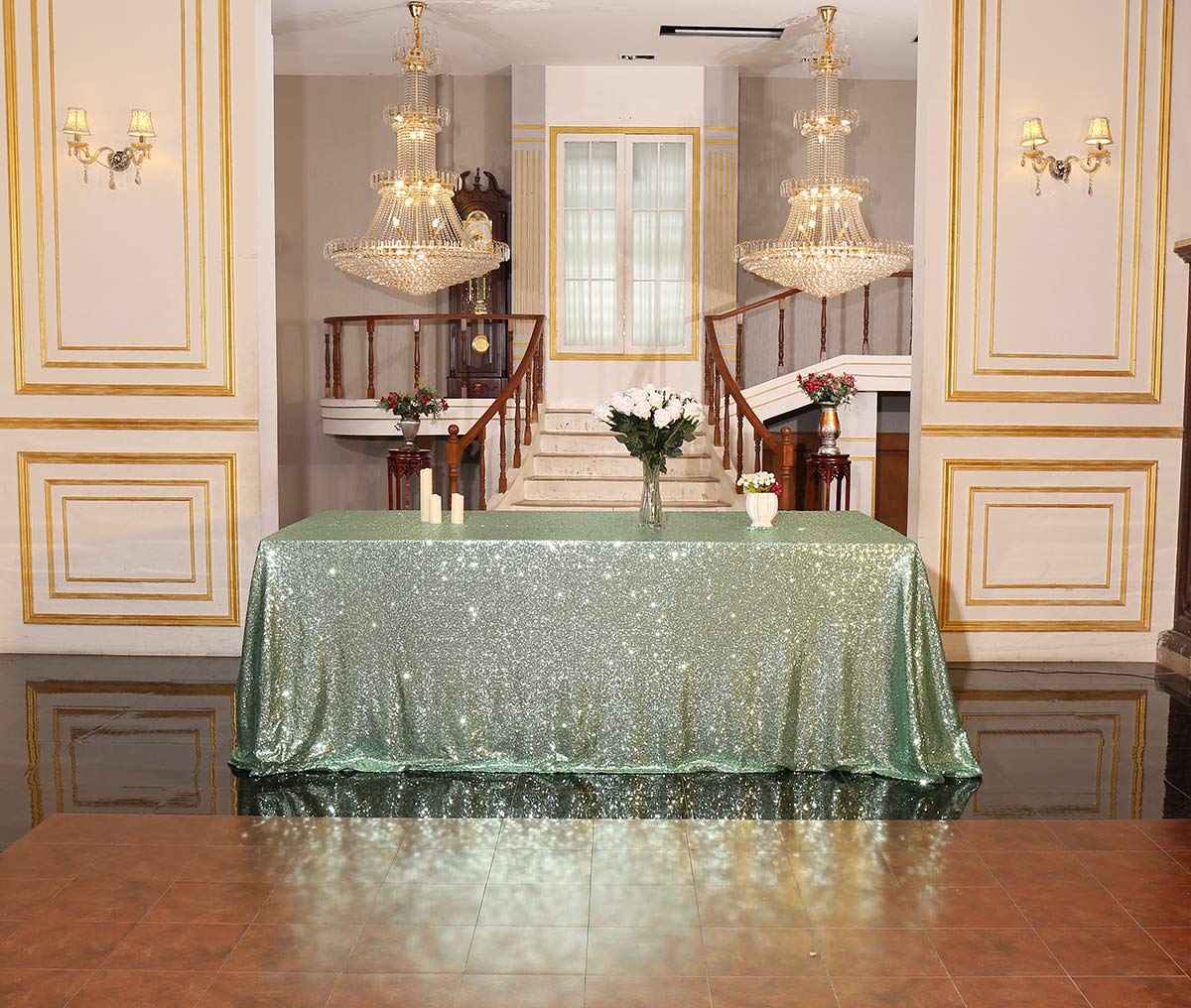 Partydelight Sequin Tablecloth, Christmas Wedding Party Decor Table Topper, Rectangular, 60''X102'', Mint Green