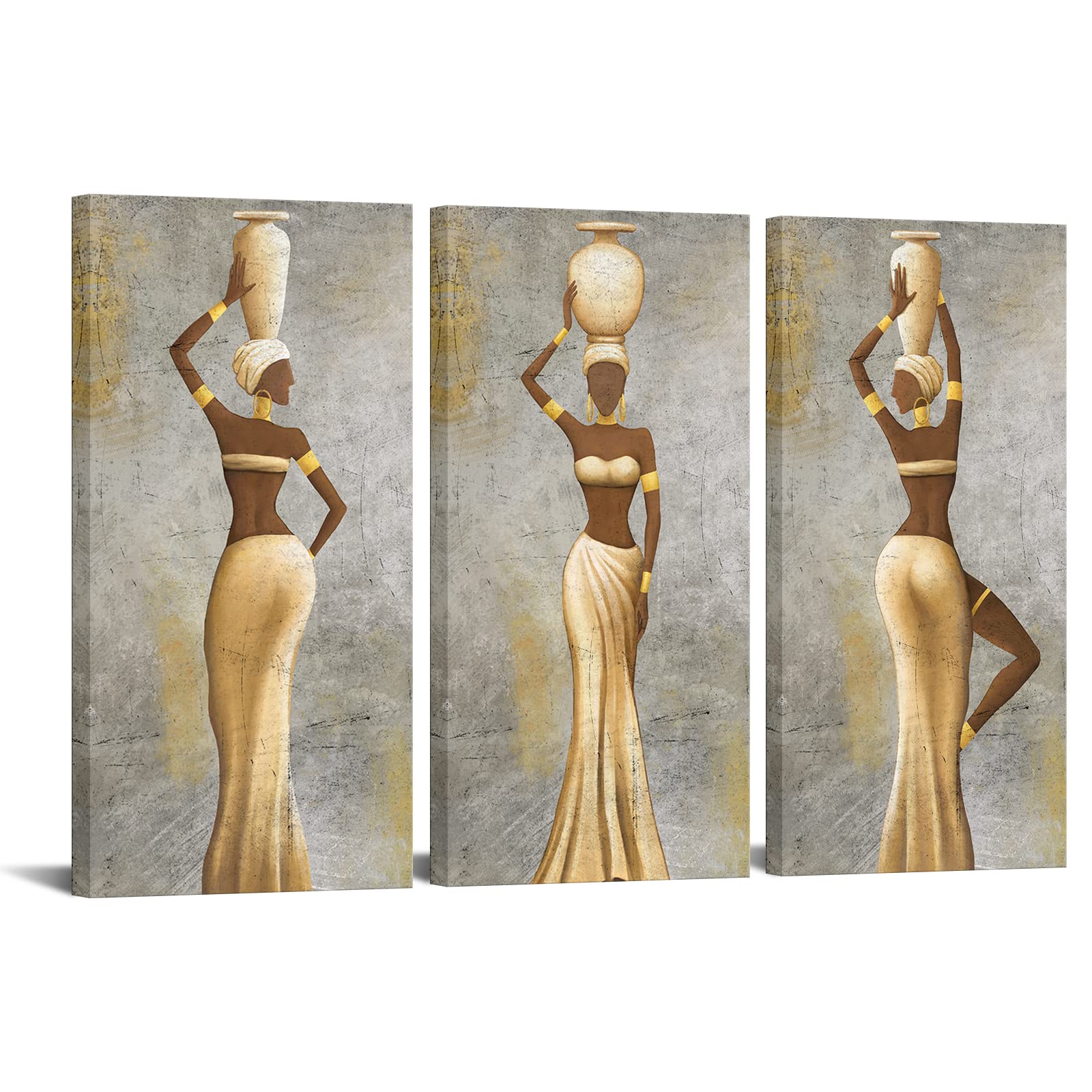 Levvarts Large 3 Pieces African Women Canvas Wall Art Traditional Black Girl Ethnic Ancient Theme Painting Africa Tribal Art Pic