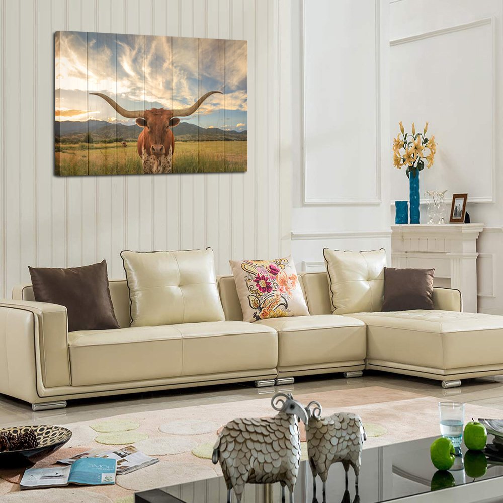 KREATIVE ARTS - Large Modern Canvas Wall Art for Home and Office Decoration Animal Pictures Print Art on Canvas Texas Longhorn Canvas Prints Giclee Artwork for Wall (Wood Style 24x36inch)