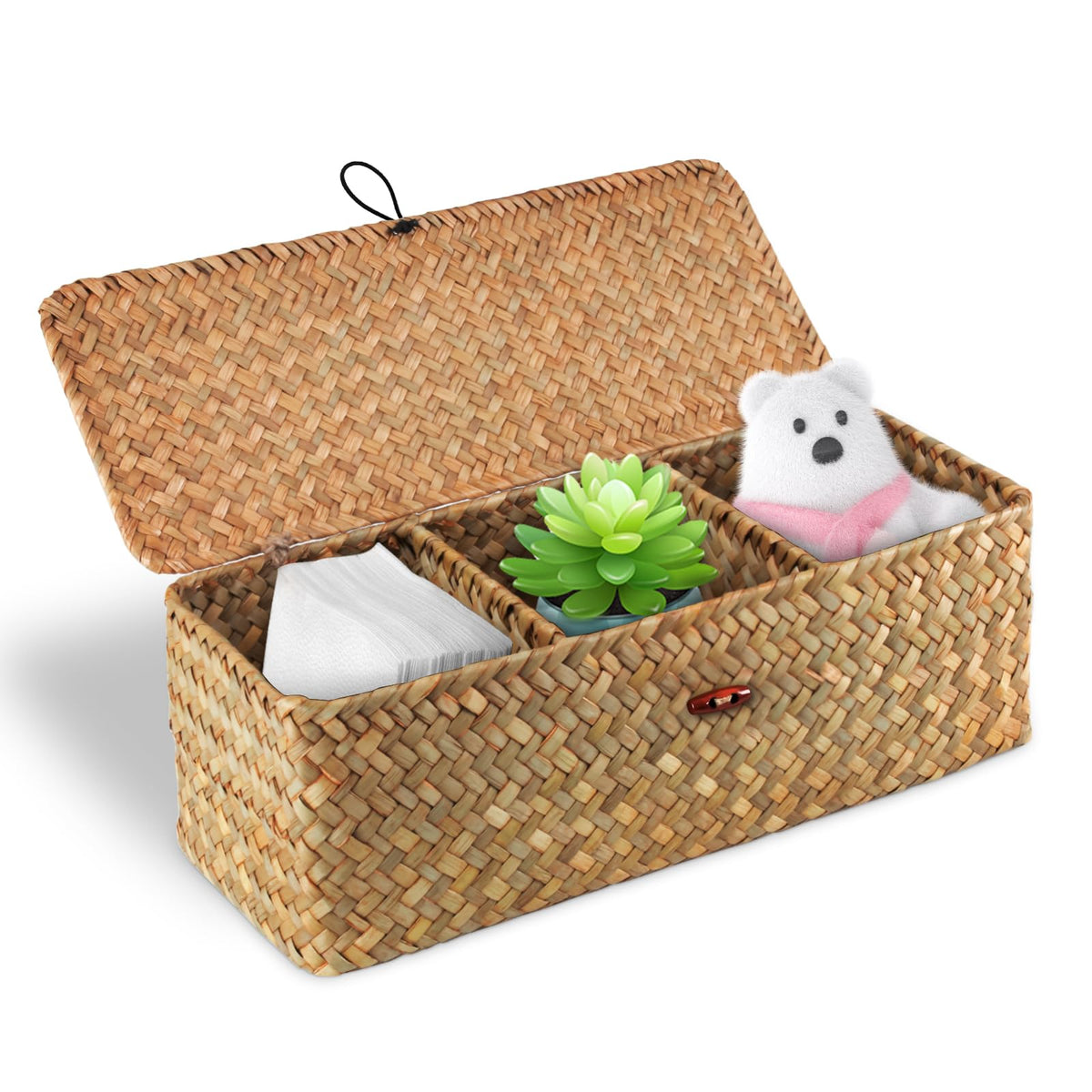 Taotazon Woven Basket For Toilet With Lid, Seagrass Tank Woven Basket Organizer With 3 Sections, Woven Basket With Wood Tray For
