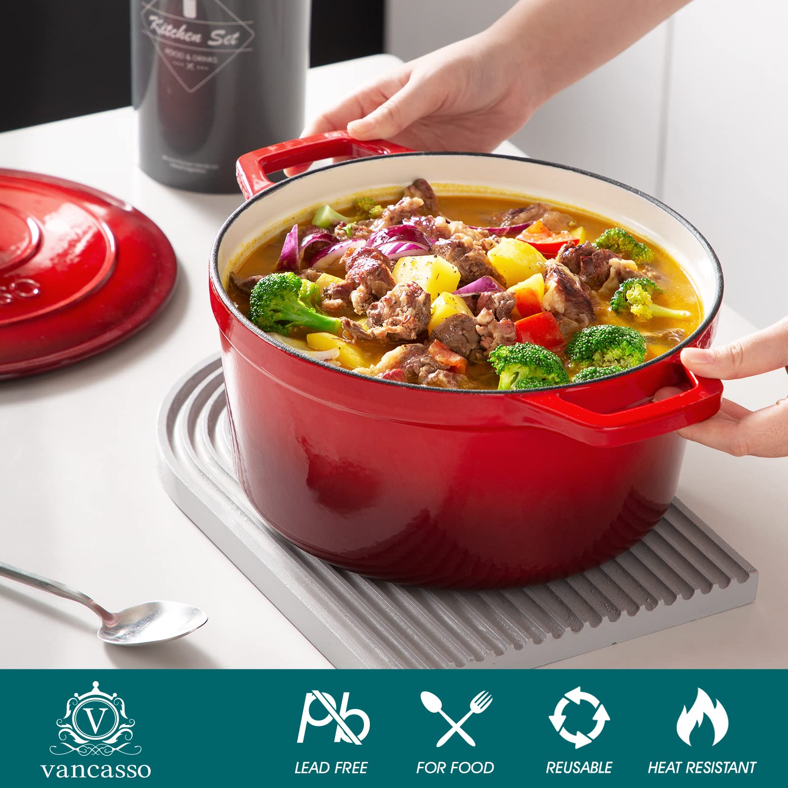 vancasso Enameled Cast Iron Dutch Oven  6 QT Oven Pot with Lid  Round Enamel for Bread Baking  Non Stick Coating  Pot's Body Iron  Good Sealing  All Heat Source