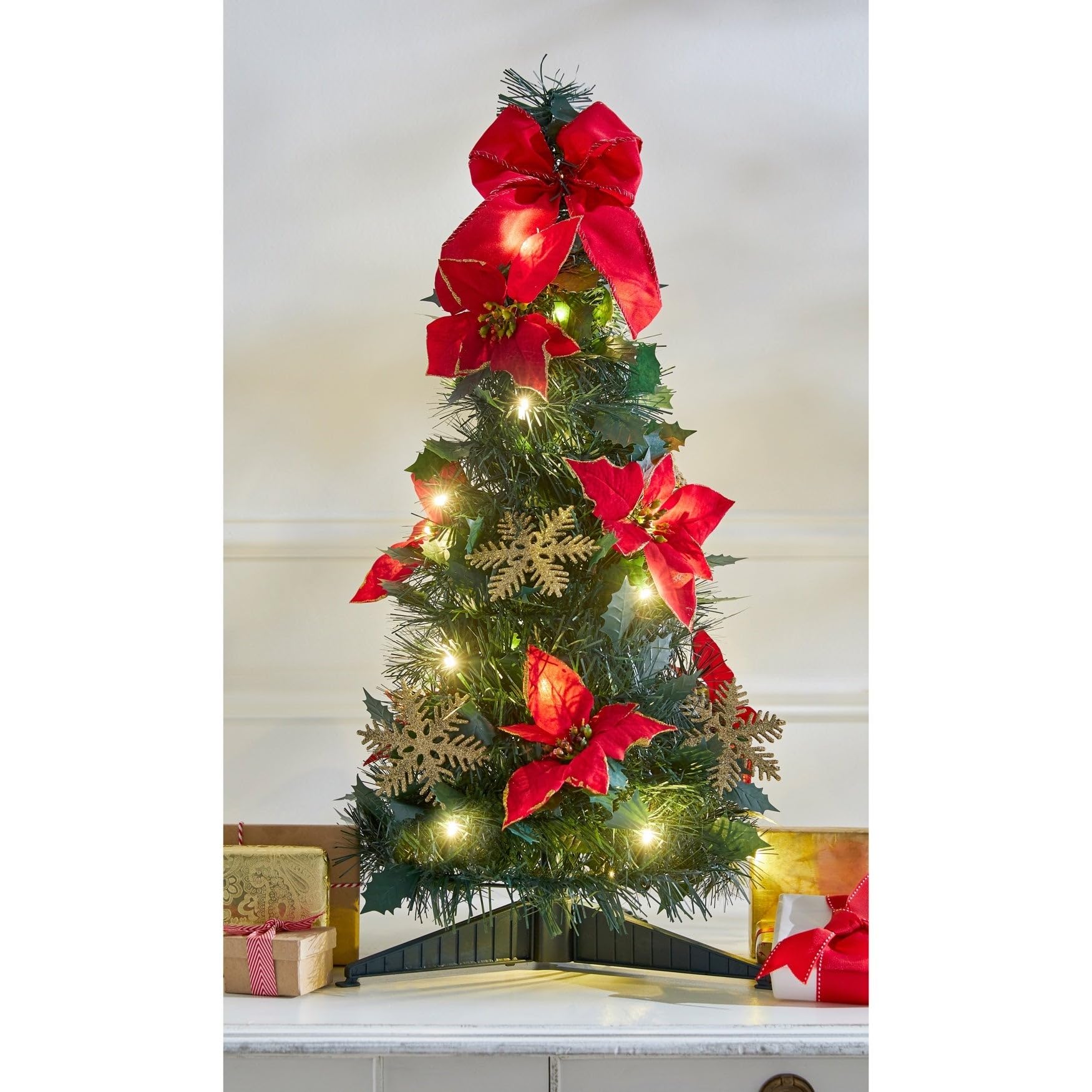 Fully Decorated Pre-Lit 2 Pop-Up Tabletop Christmas Tree - Poinsettia