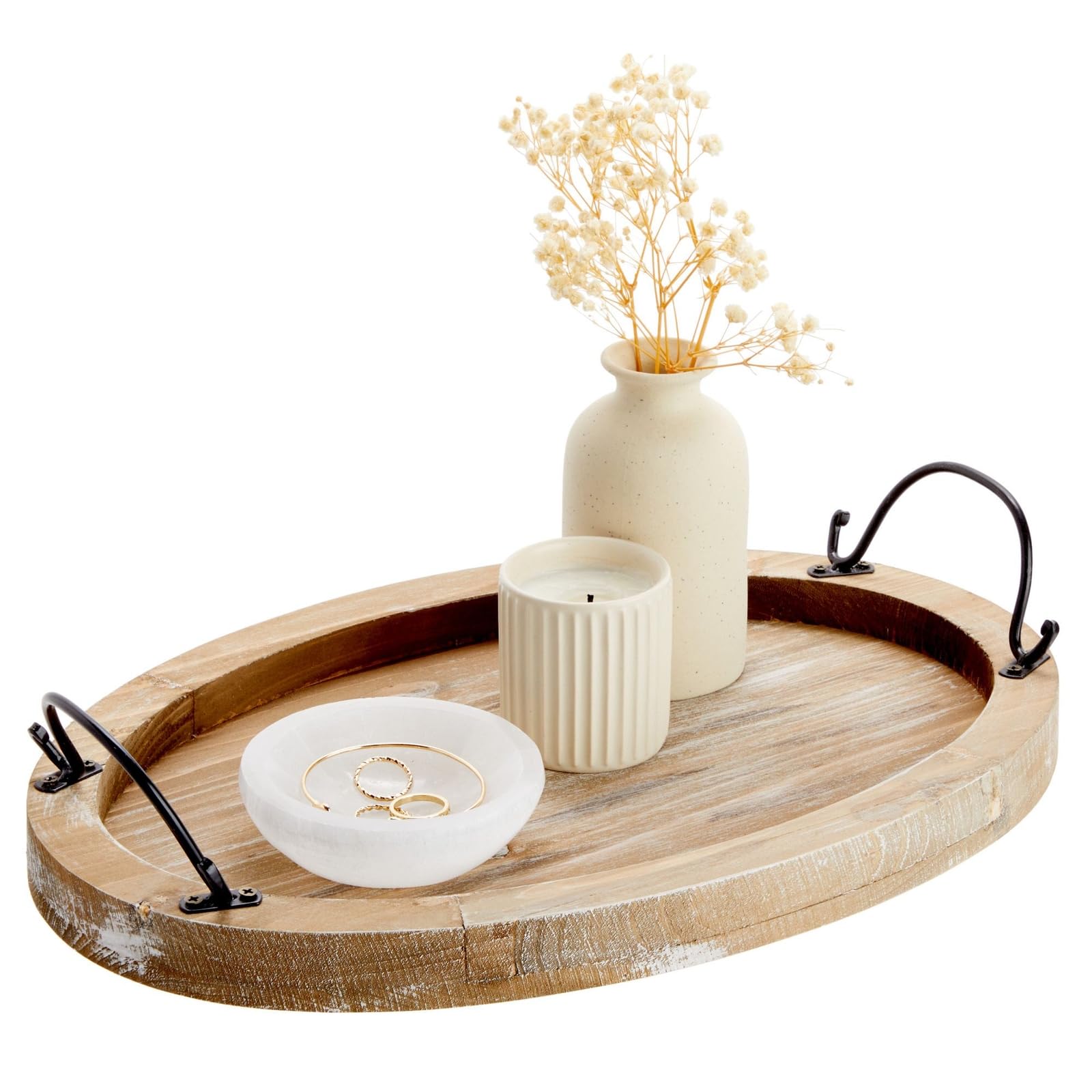 Farmlyn Creek Oval Wooden Serving Tray With Handles, Decorative Platter For Coffee Table, Living Room (15.75 X 10.8 X 1.25 In)