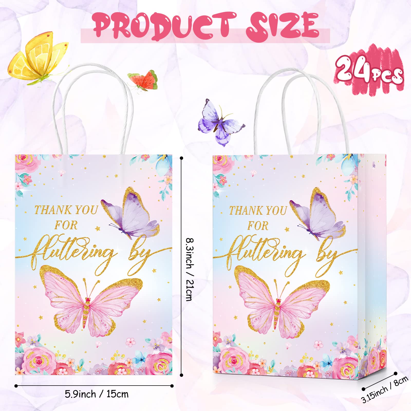 24 Pcs Butterfly Party Favors Gift Bags Goodie Treat Candy Bags Thank You For Fluttering By Paper Bags With Handles For Girls Bu