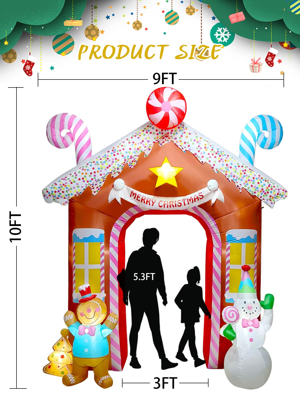 Lanstics 10FT Christmas Inflatables Arch for Outdoor Decoration, Xmas Gingerbread Man Snowman Blow Up Yard Decorations with Buil