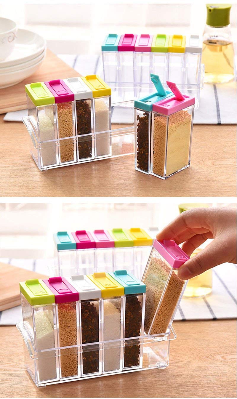 2V Brothers 6 In 1 Masala Box | Plastic Spice Rack | Seasoning Box | New Beautiful Design | Durable  (6 Pcs With Stand)