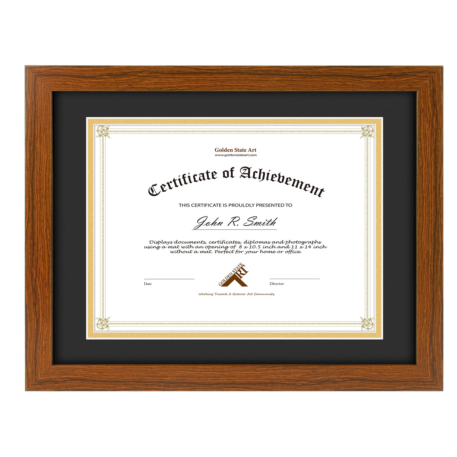 Golden State Art, 11x14 Diploma Wood Frame for 8.5x11 Document & Certificates, Real Glass (Brown with Black/Gold Double Mat, 1 P