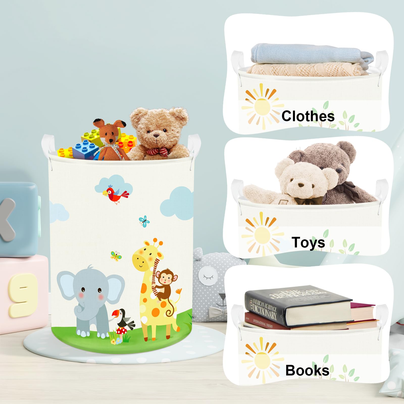 Clastyle 63L Large Jungle Animal Tree Kid Laundry Hamper With Handle Boy Girl Bedroom Bathroom Nursery Collapsible Clothes Toy S