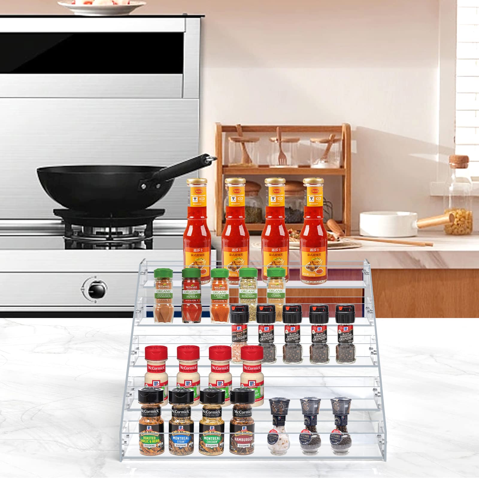 PMMASTO Tiered Spice Rack, Seasoning Organizer, Clear Acrylic Vertical Shelves Can Organizer for Countertop, Cabinet, Pantry, Ki